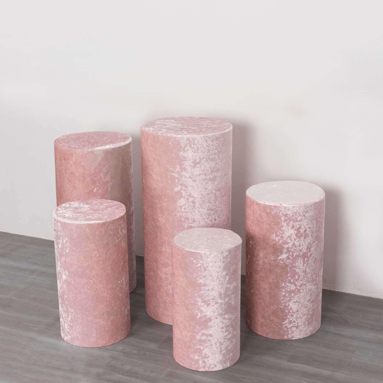 Set of 5 Blush Crushed Velvet Cylinder Pedestal Stand Covers, Premium Pillar Prop Covers