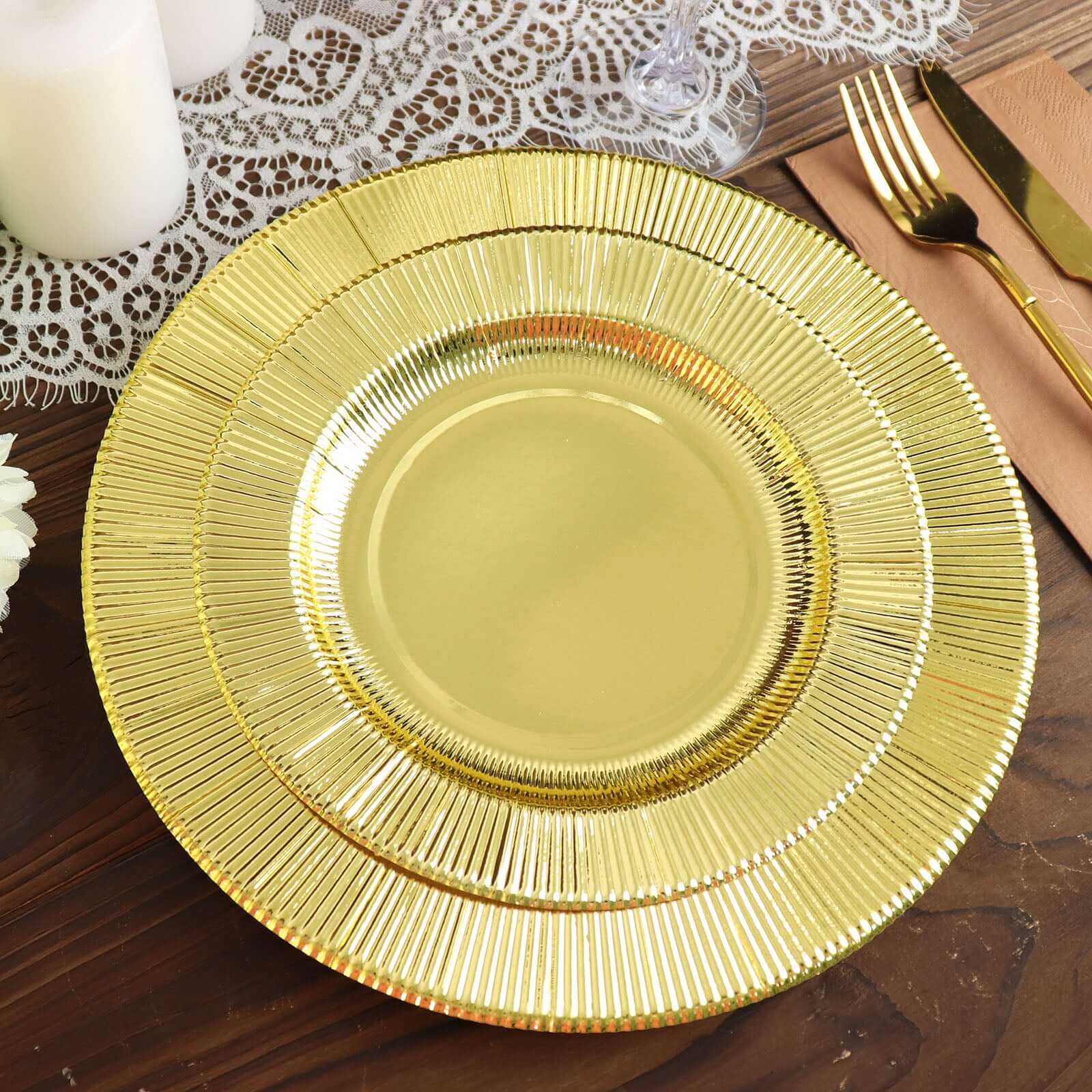 25-Pack Paper 10 Round Dinner Plates in Metallic Gold Sunray Design - Disposable Heavy Duty 350GSM Party Plates