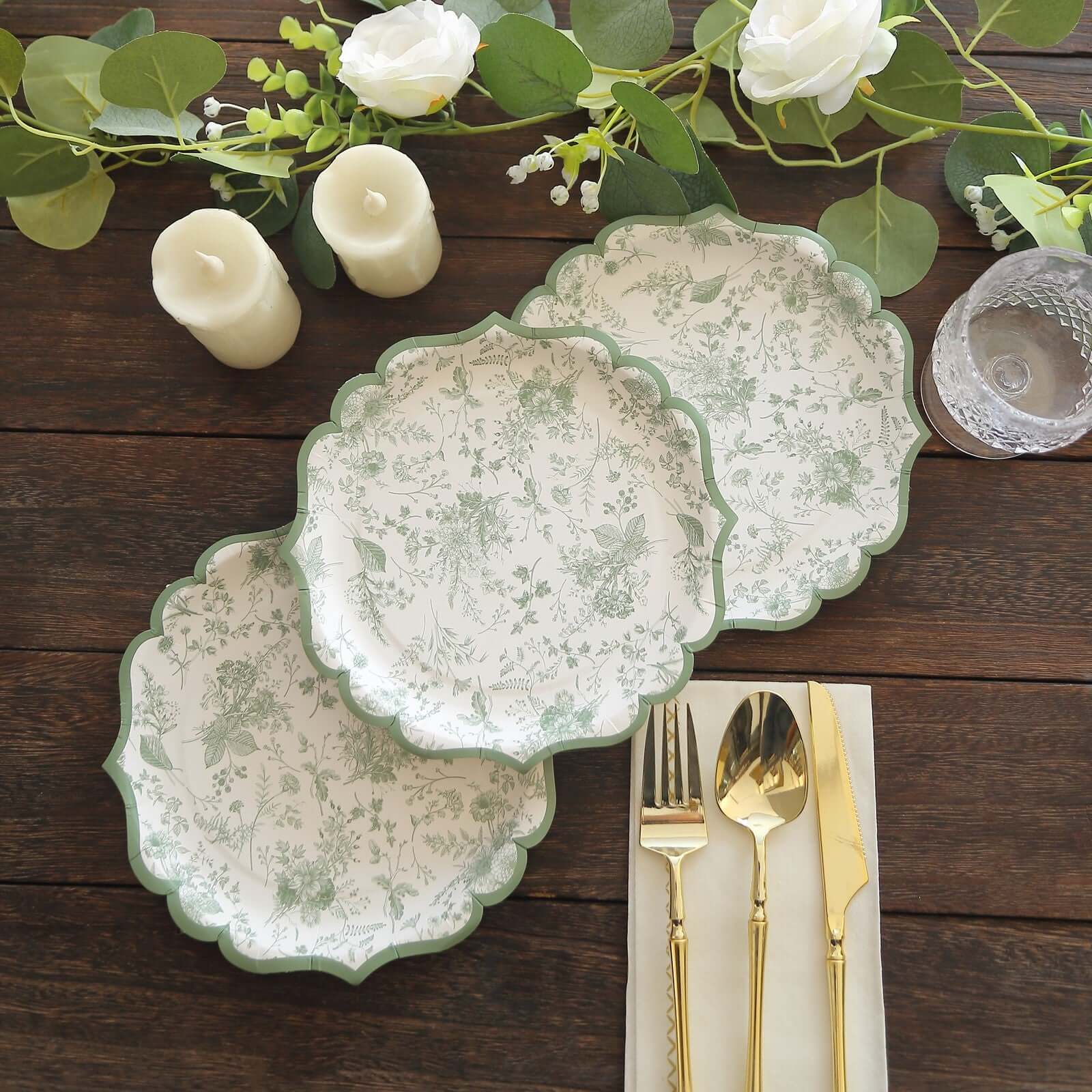 25-Pack Paper 8 Round Dessert Plates in White with Sage Green French Toile Design & Scalloped Rim - Disposable 300GSM Salad Appetizer Plates for Stylish Table Decor