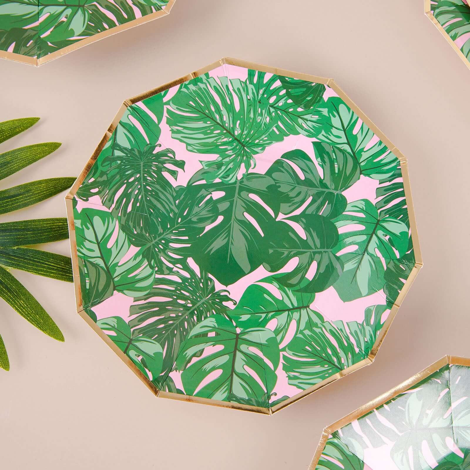 25-Pack Paper 7 Decagon Dessert Plates in Pink with Green Tropical Palm Leaves & Gold Rim - Disposable Geometric Appetizer Salad Plates for Boho Chic & Jungle Themed Events