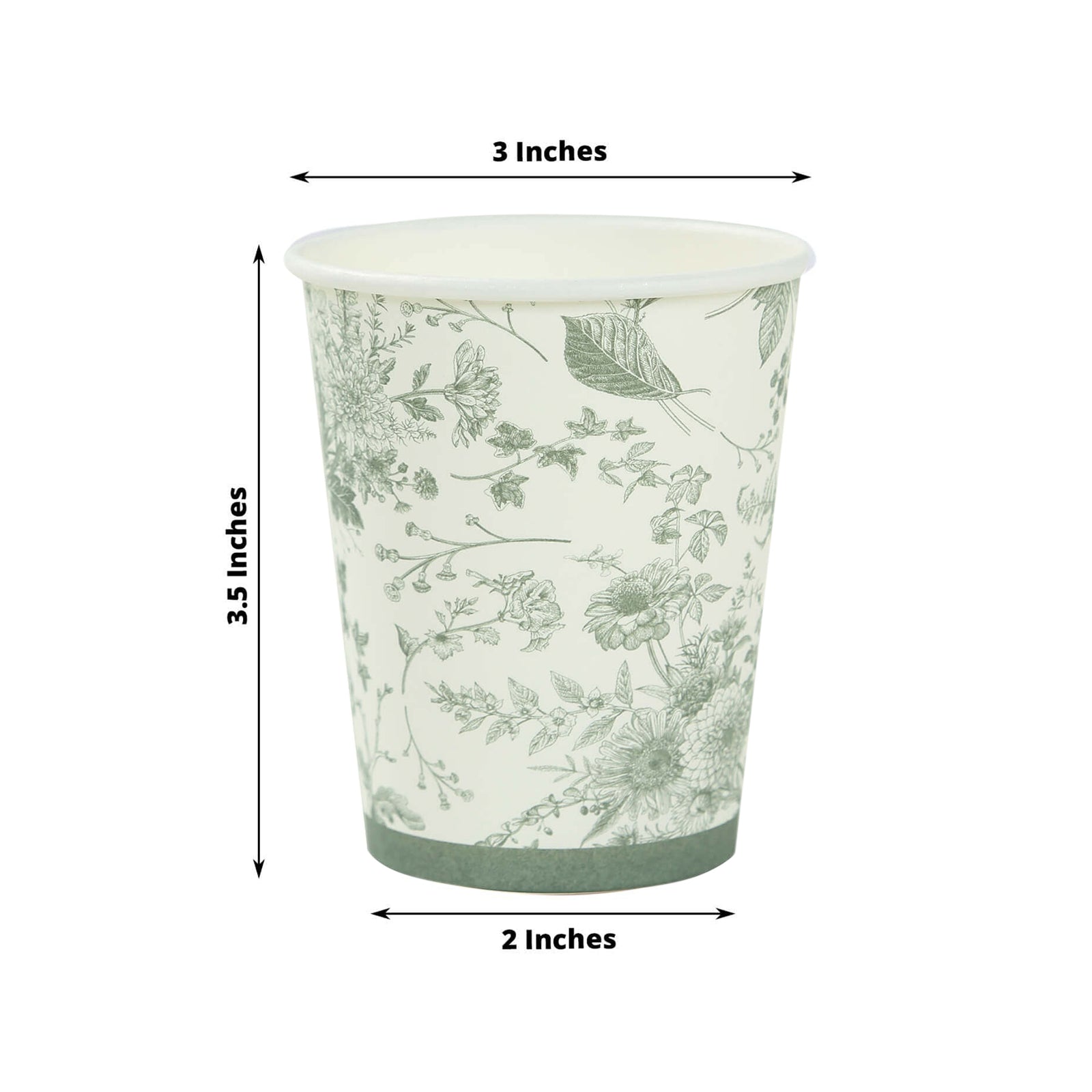 24-Pack Paper Cups White with Sage Green French Toile Print - Stylish Disposable Floral Party Cups for Hot & Cold Beverages 9oz