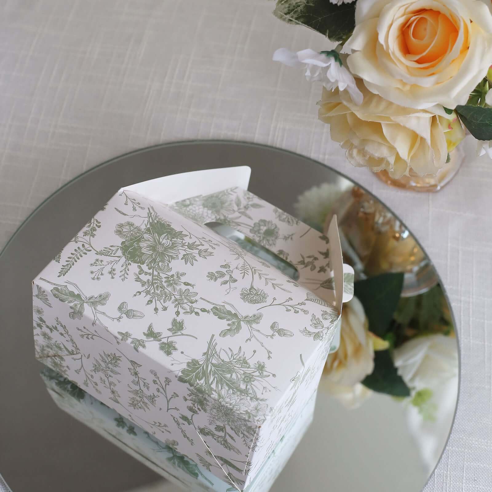 25 Pack White Sage Green Candy Gift Tote Gable Boxes in French Toile Pattern, Party Favor Treat Boxes - 6x3.5x7