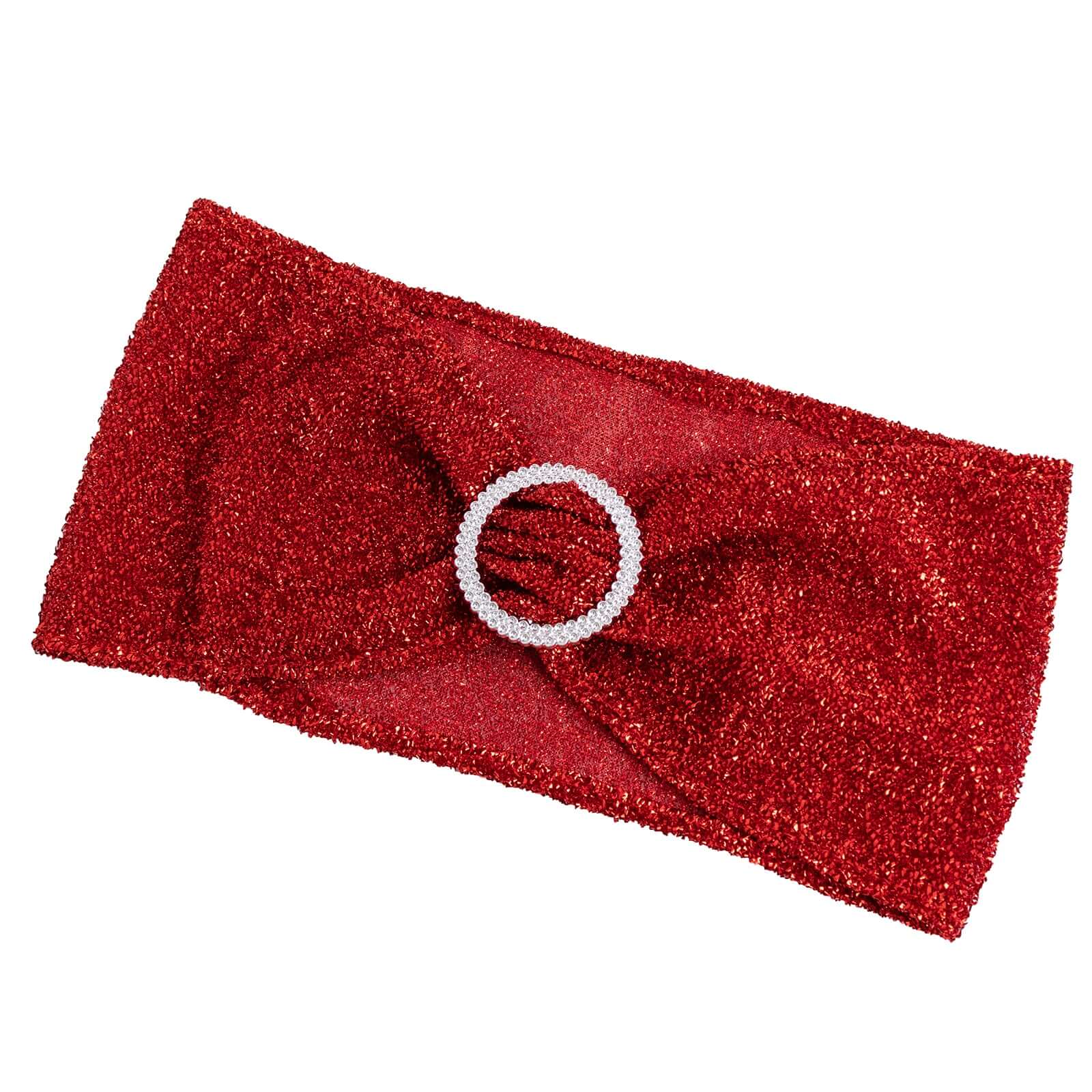 5 Pack Chair Sashes Shimmer Tinsel Spandex 5x12 with Silver Rhinestone Buckles Red - Stylish Chair Bands