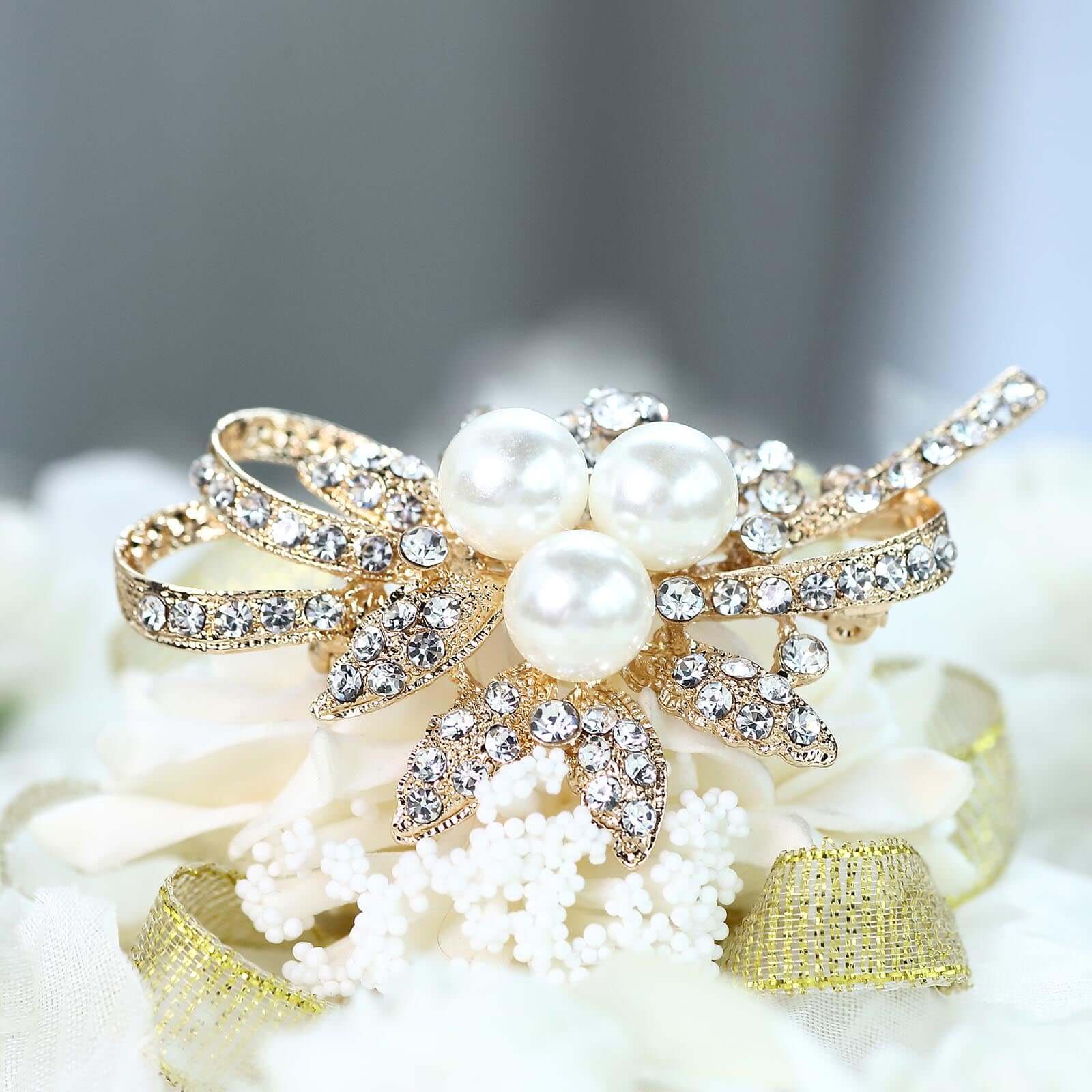 5 Pack Assorted Gold Plated Pearl and Rhinestone Brooches Floral Sash Pin Brooch Bouquet Decor