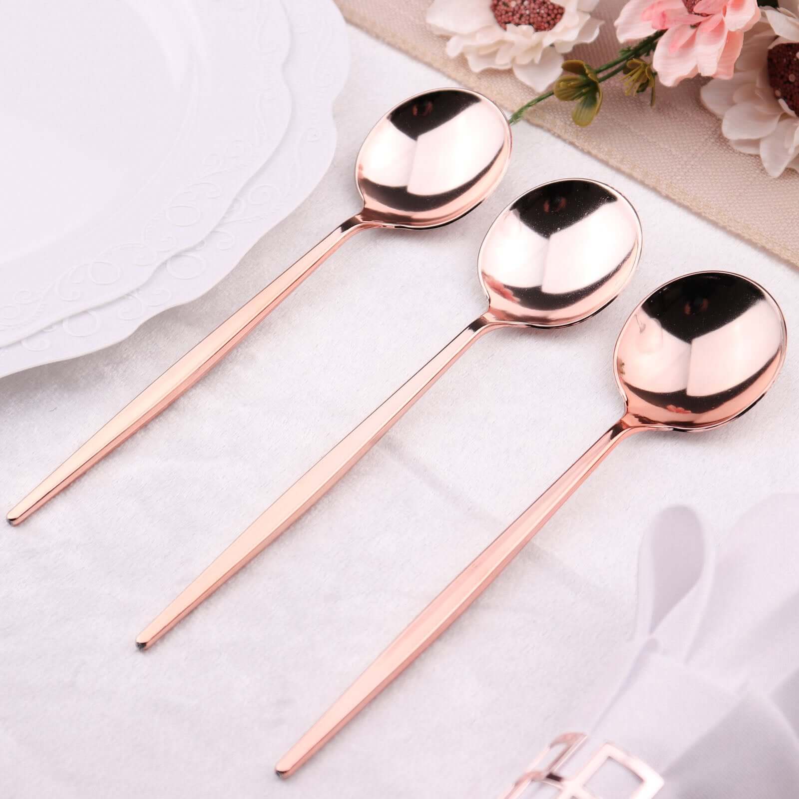 24-Pack Plastic Spoons Glossy Rose Gold - Premium Heavy Duty Disposable Silverware 8