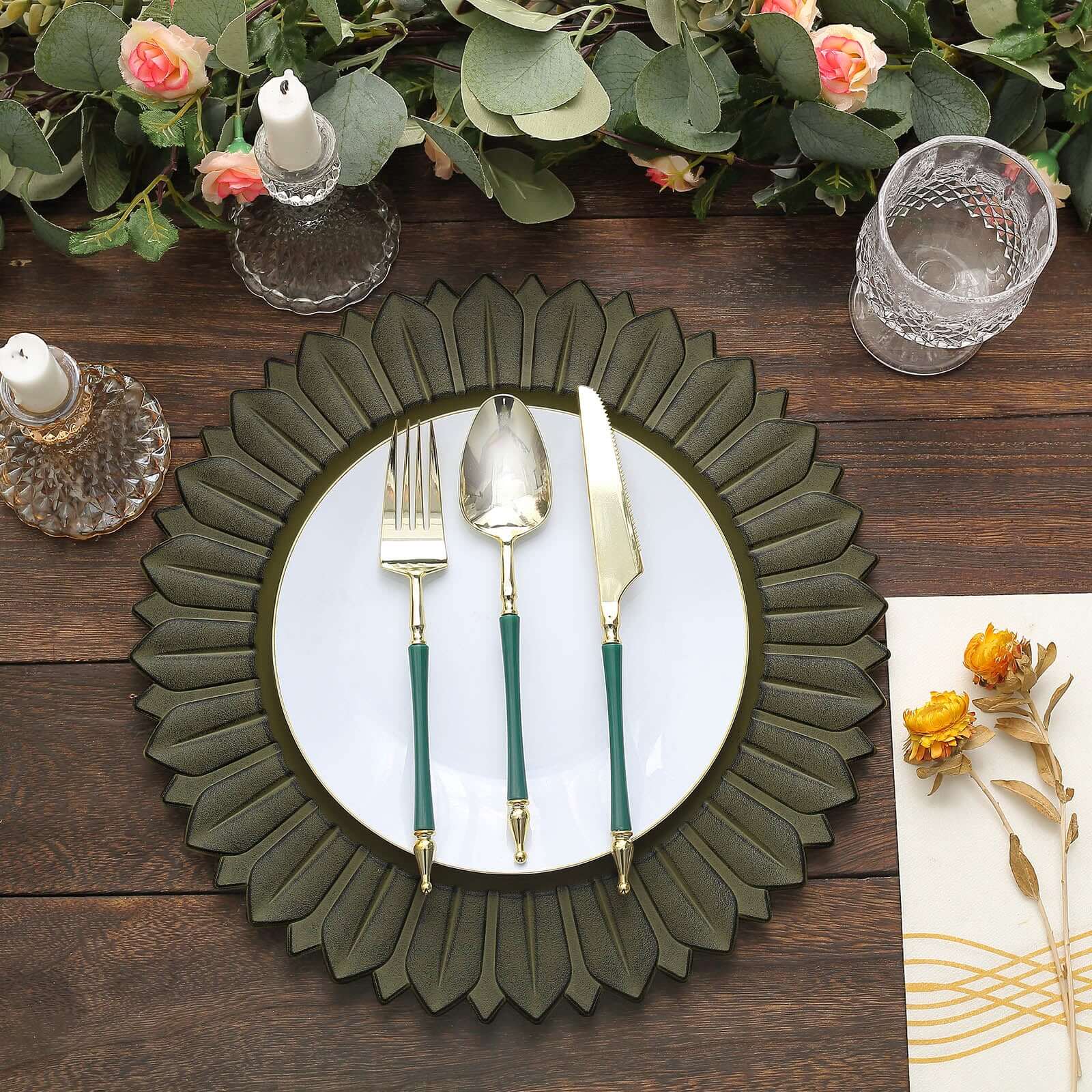 6-Pack Plastic Round Charger Plates 13 in Olive Green with Sunflower Rim, Matte Finish Disposable Dinner Charger Tableware