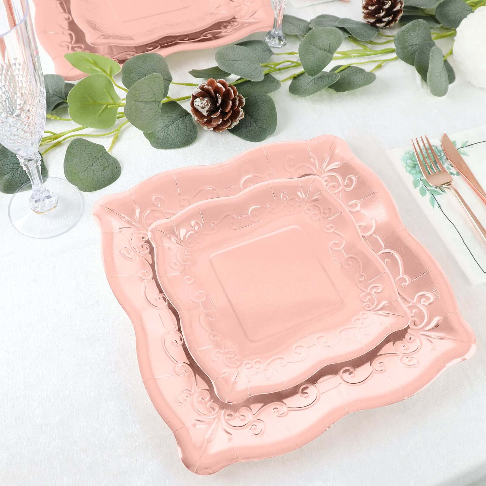 25-Pack Paper 7 Square Dessert Plates in Rose Gold with Vintage Pottery Embossed Design - Shiny Metallic Disposable Appetizer Plates