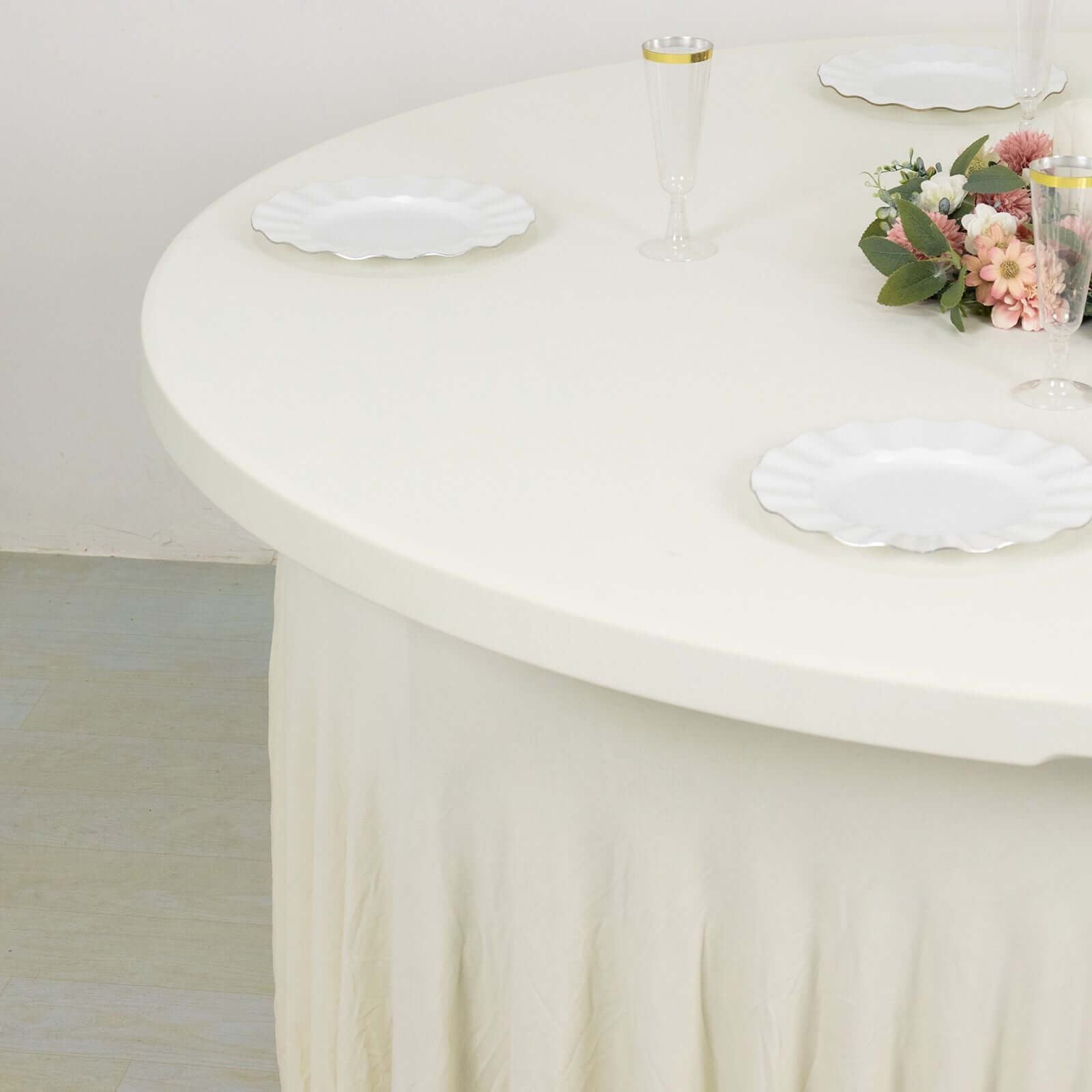 Spandex Round 5ft Table Skirt Ivory with Wavy Skirt-Like Effect Stylish Table Cover