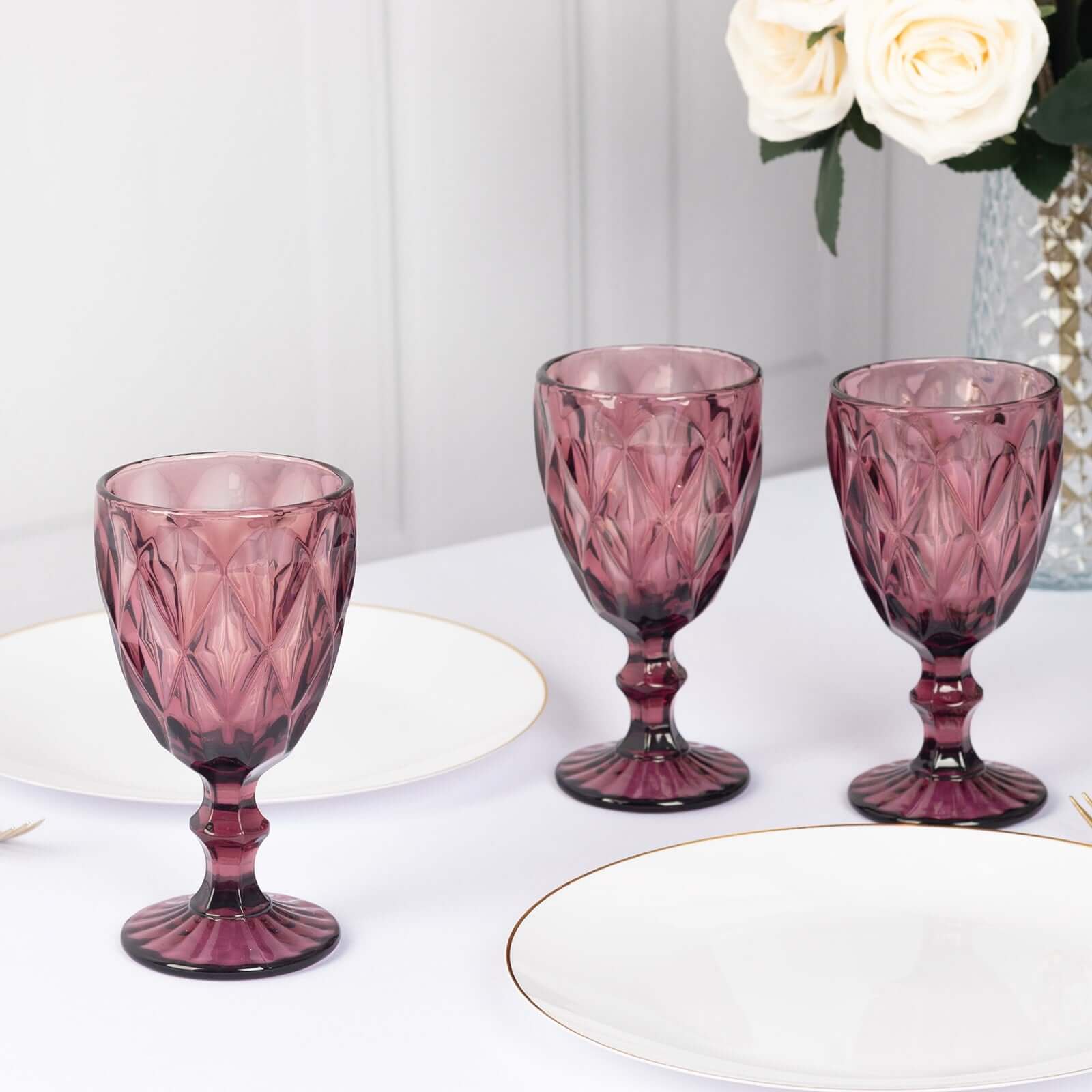 6-Pack Wine Glasses Dusty Rose Embossed Crystal Cut Design Stemmed - Colored Goblets for Parties & Events 12oz 7