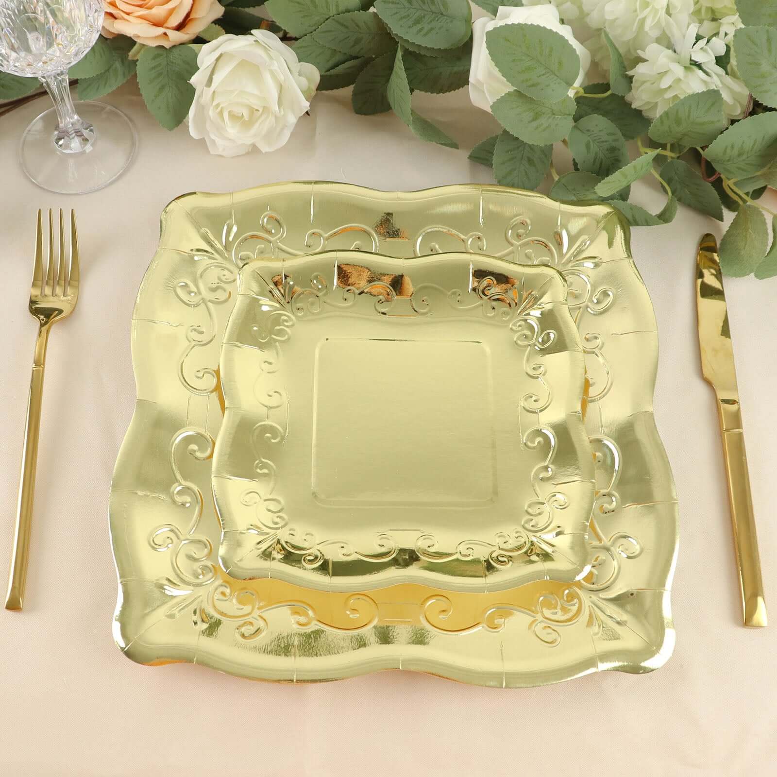 25-Pack Paper 11 Square Dinner Plates in Gold with Vintage Pottery Embossed Design - Shiny Metallic Disposable Serving Plates for Glamorous Dinners & Events