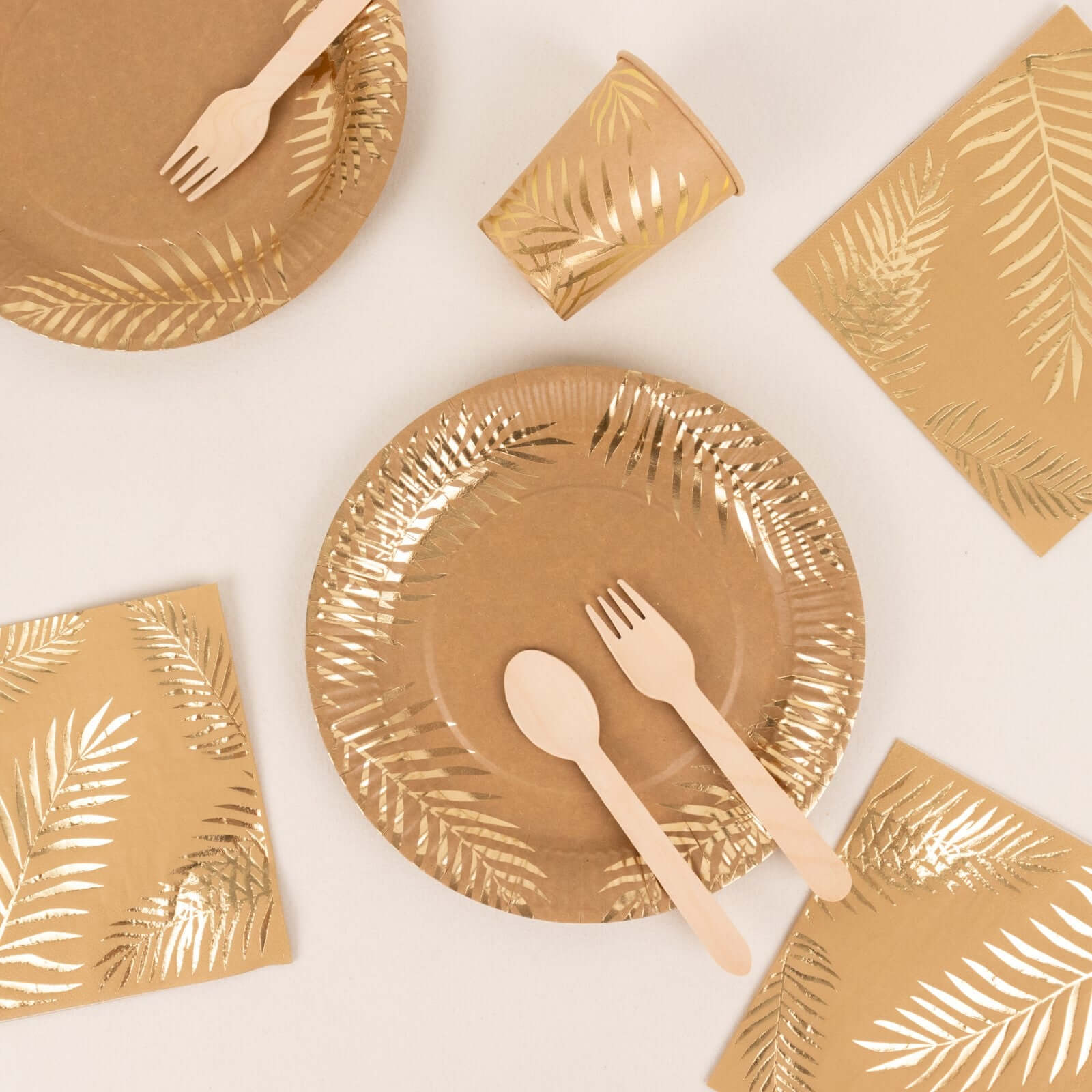 72 Pcs Paper Dinnerware Set with Gold Foil Palm Leaves Print Natural - Disposable Tableware Combo-Pack with Plates and Cups