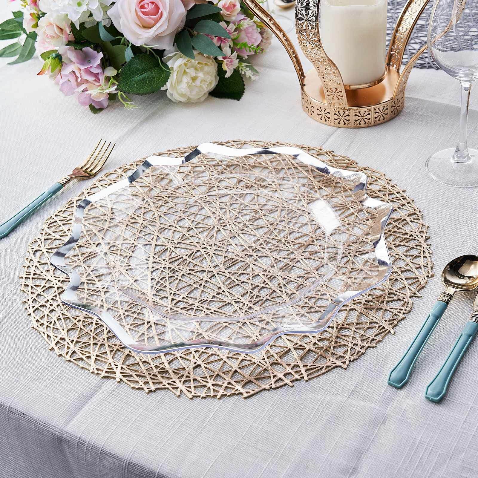 6-Pack Vinyl Placemats Champagne Woven Design - Durable Non-Slip Round Table Mats for Dining 15