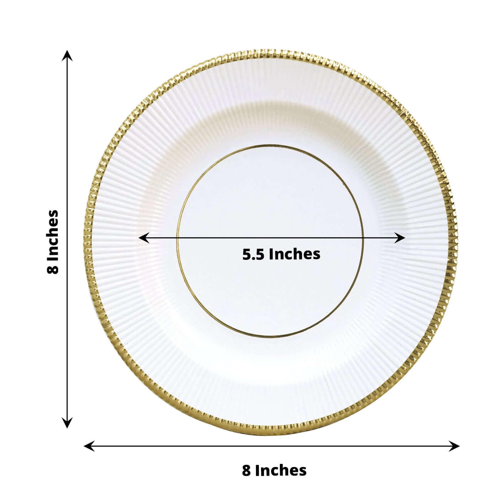 25-Pack Paper 8 Round Dessert Plates in White Sunray Design with Gold Rim - Disposable Heavy Duty 350GSM Appetizer Salad Plates for Banquets & Celebrations