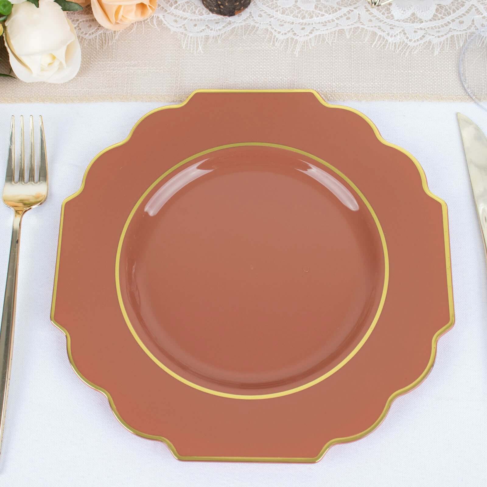 10-Pack Plastic Dessert Appetizer Plates in Terracotta (Rust) Baroque Design with Scalloped Gold Rim - Heavy Duty Disposable Salad Plates 8