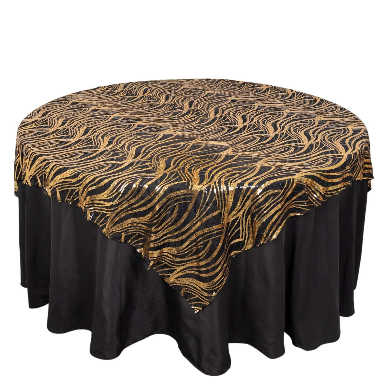 Mesh 72x72 Table Overlay Square Tablecloth Black Gold - Wave Embroidered Sequins Table Topper