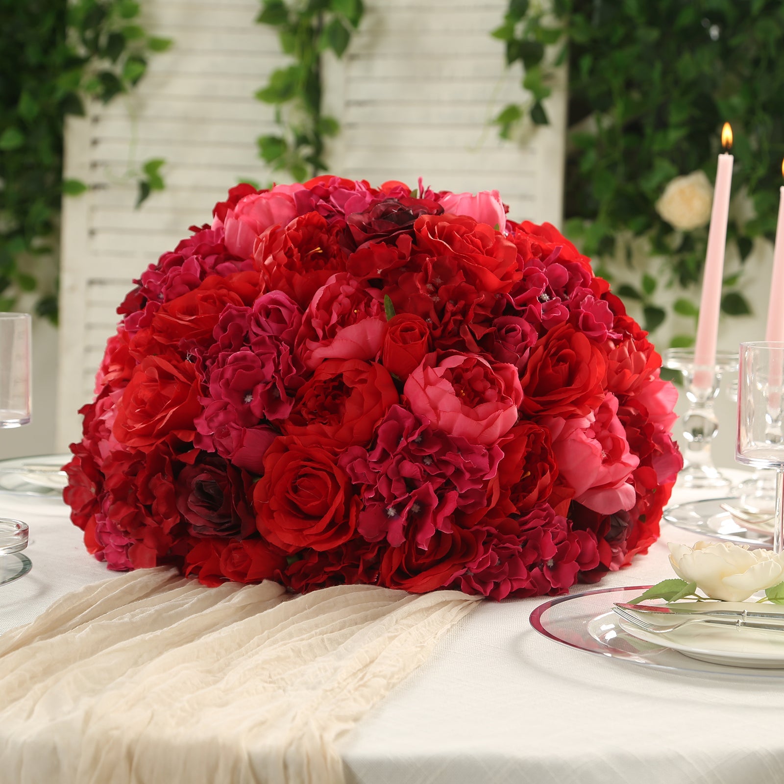 Pre-Arranged Silk Rose Bouquet Floral Arrangement Table Decor, Large Red Artificial Rose Flower Balls Wedding Centerpieces - 20