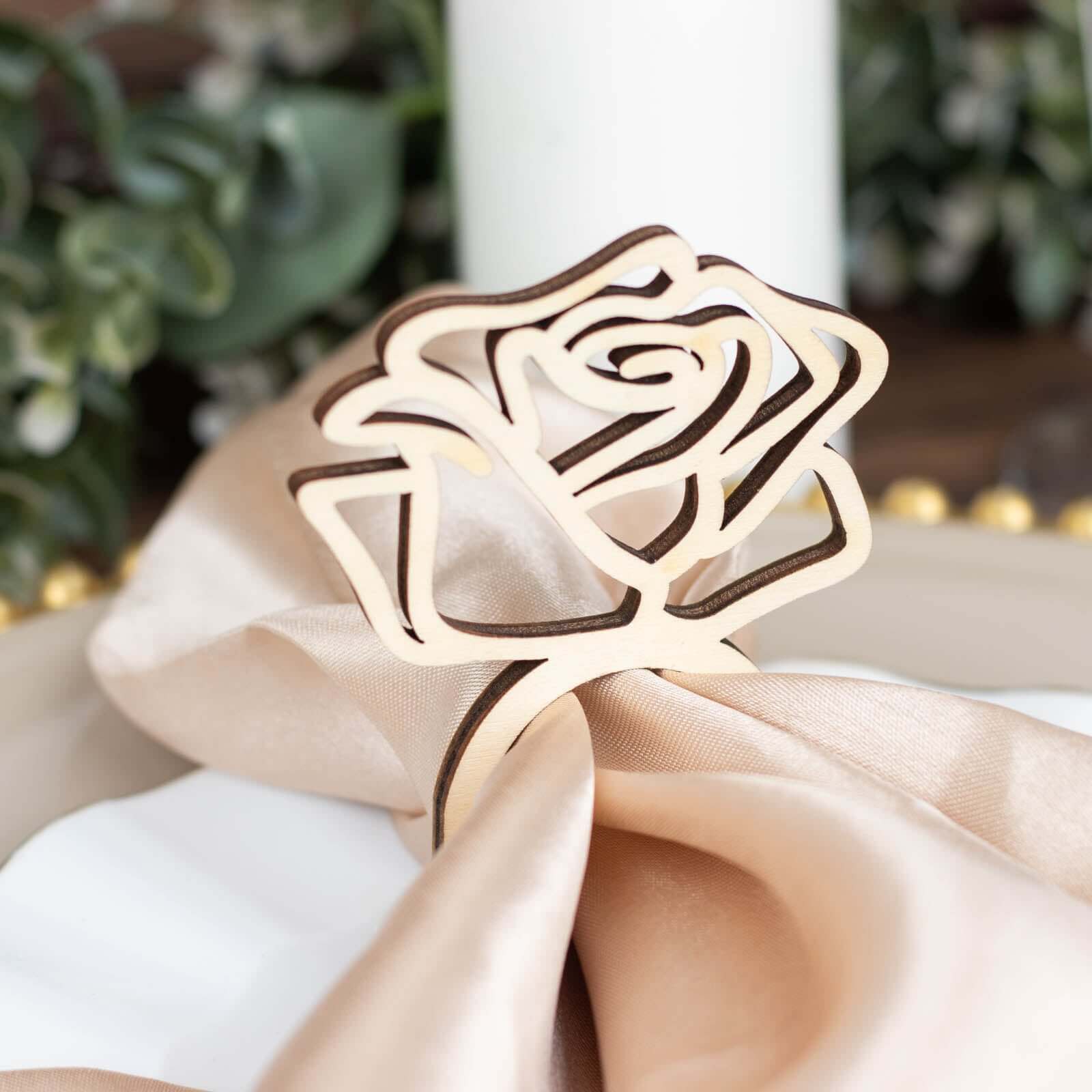 10 Pack 4 Natural Wood Laser Cut Rose Design Rustic Napkin Rings, Boho Farmhouse Napkin Holders