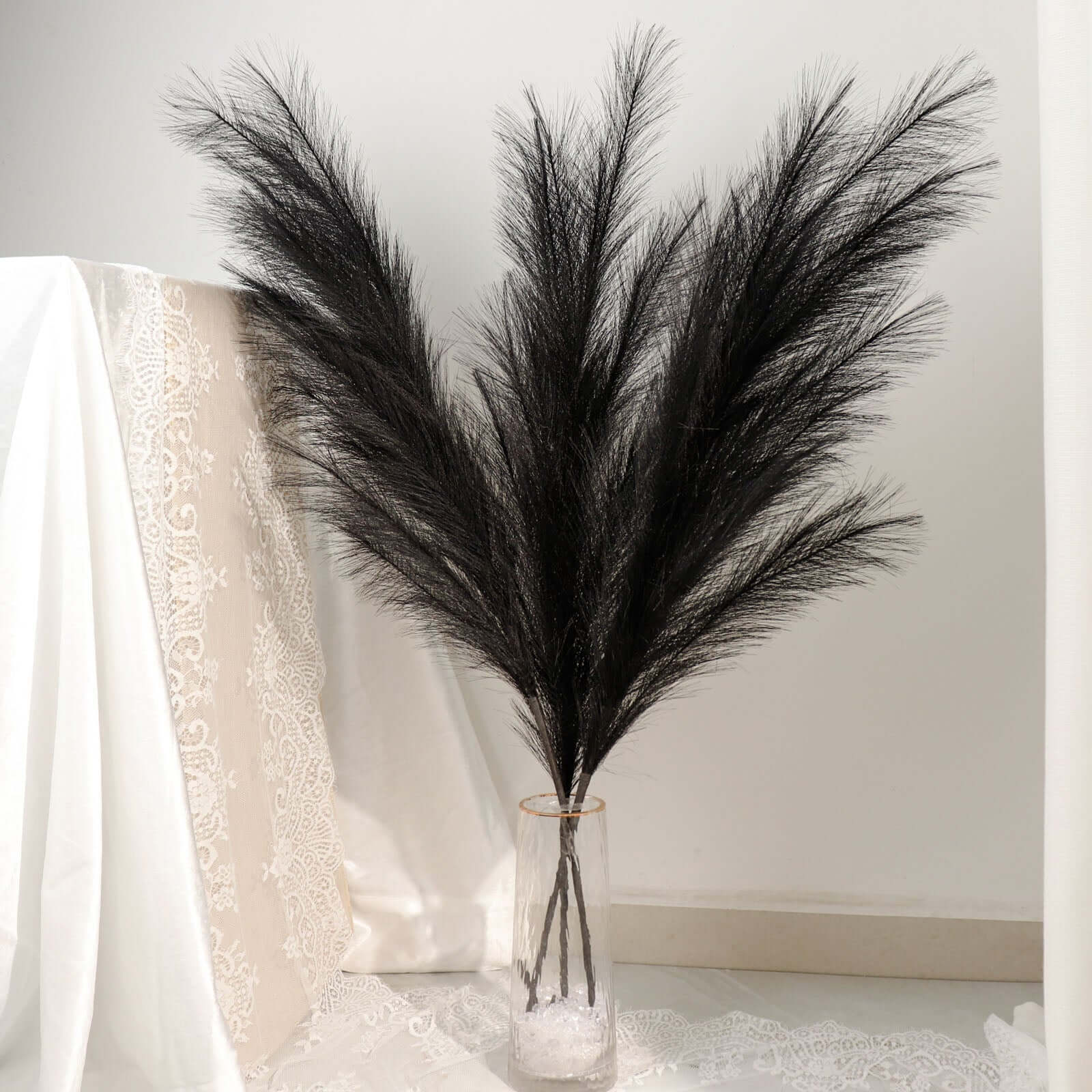 3 Stems Artificial Pampas Grass Decor Black - Soft Realistic Faux Ornamental Grass Branches for Rustic Boho Chic Backdrops Floral Styling & Vase Displays 44