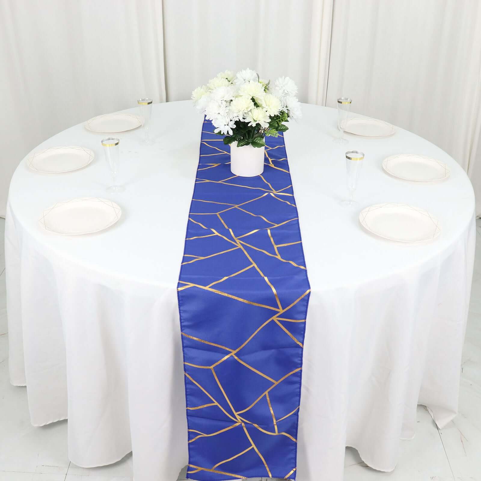 Polyester 9ft Table Runner Royal Blue with Gold Foil Modern Geometric Accent