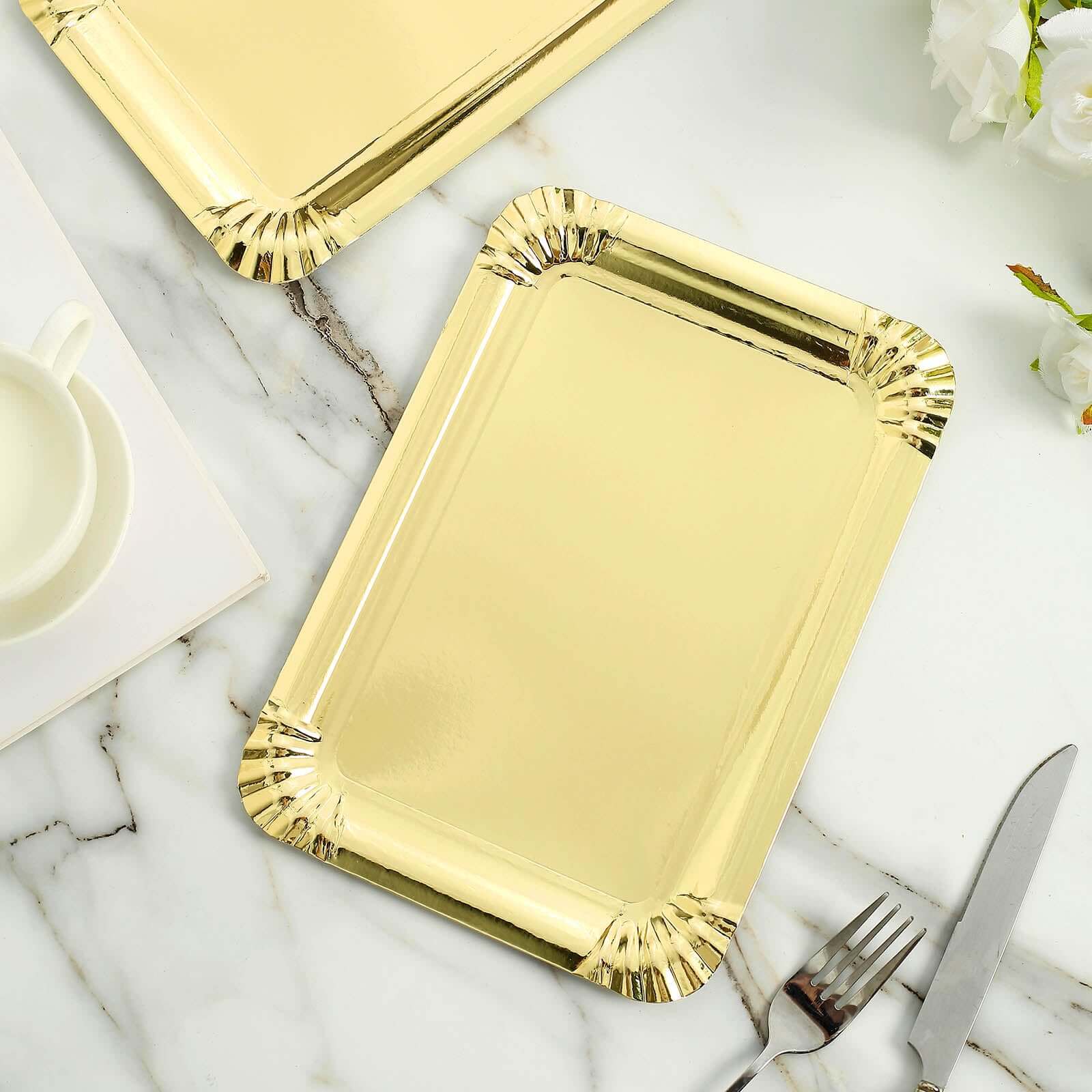 10-Pack Paper 9 Rectangle Serving Trays Metallic Gold - Durable Disposable 400GSM Cardboard Party Platters With Designer Edges for Festive Celebrations