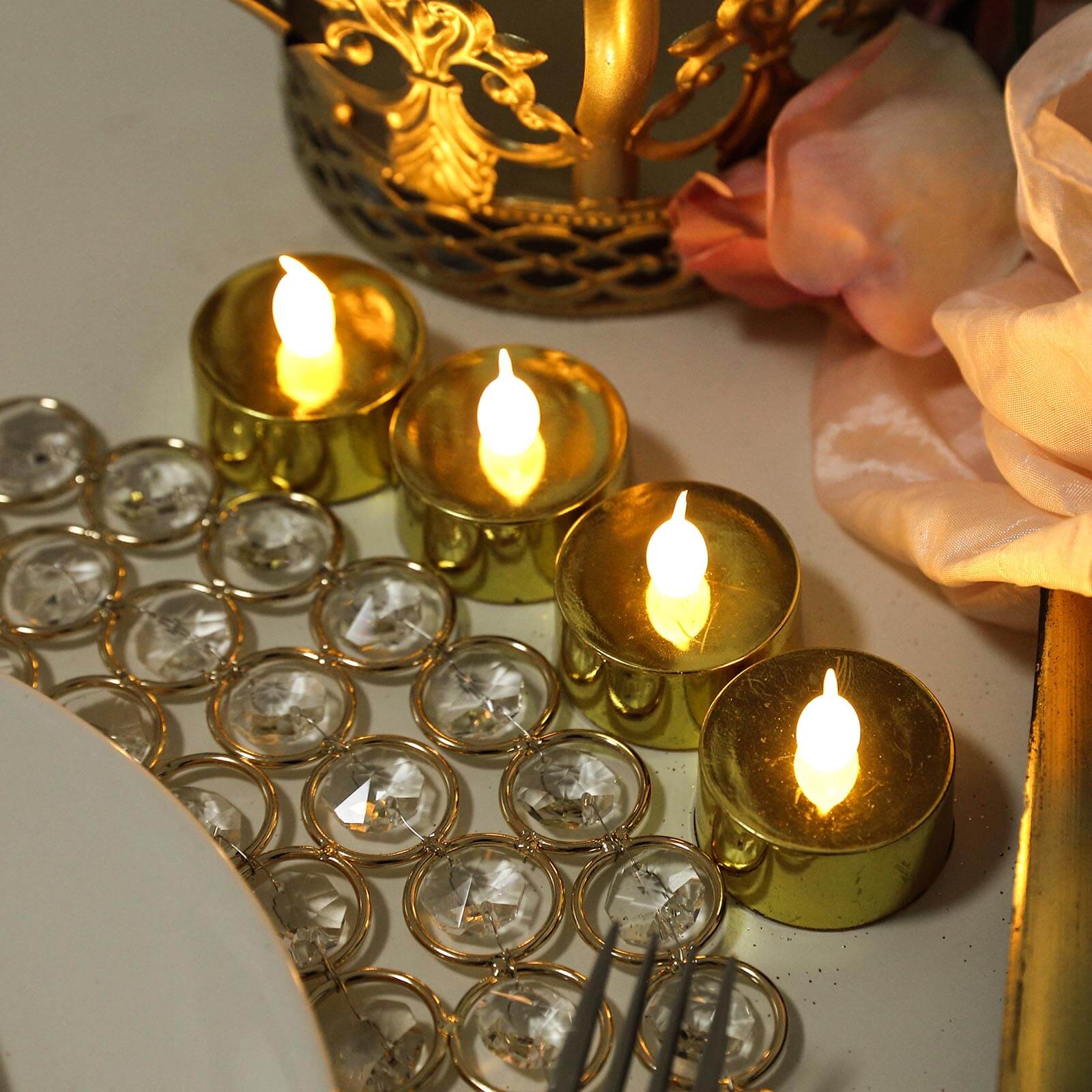 12-Pack LED Tealight Candles Metallic Gold Design - Reusable Flameless Battery Operated Lights