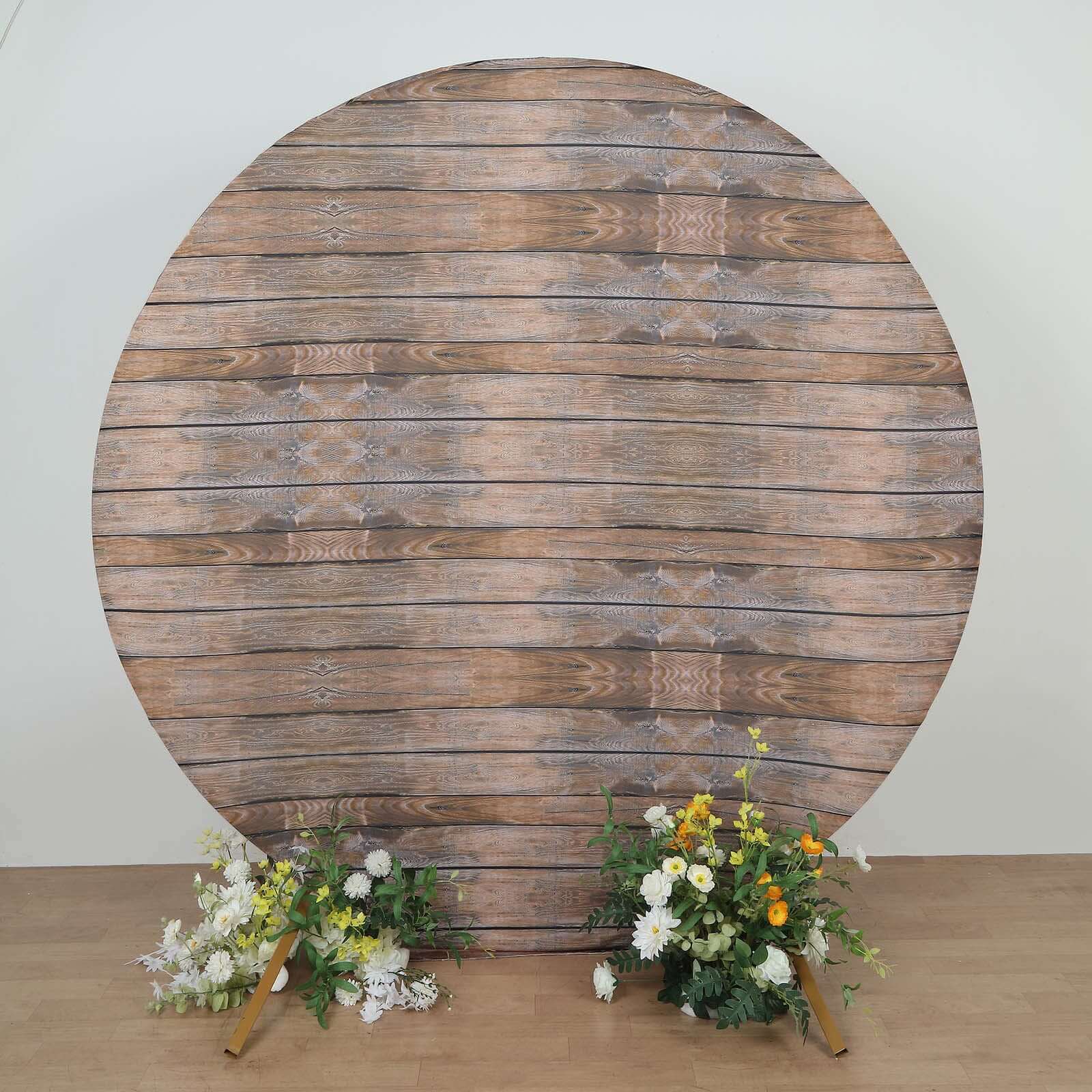 7.5ft Rustic Brown Wood Round Spandex Fit Party Backdrop Stand Cover