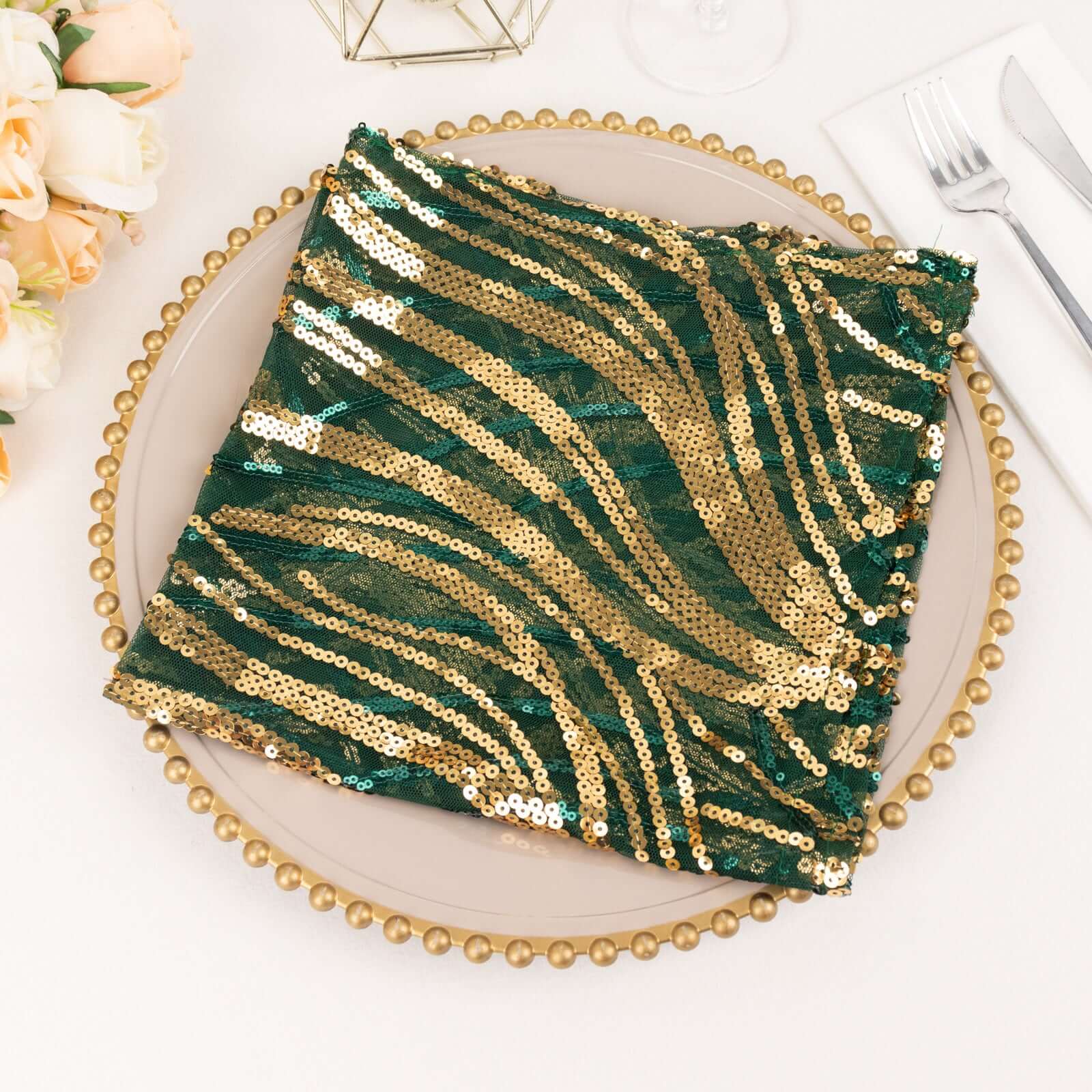 Sequin Mesh 20x20 Napkin Hunter Emerald Green Gold - Wave Embroidered Reusable Napkin