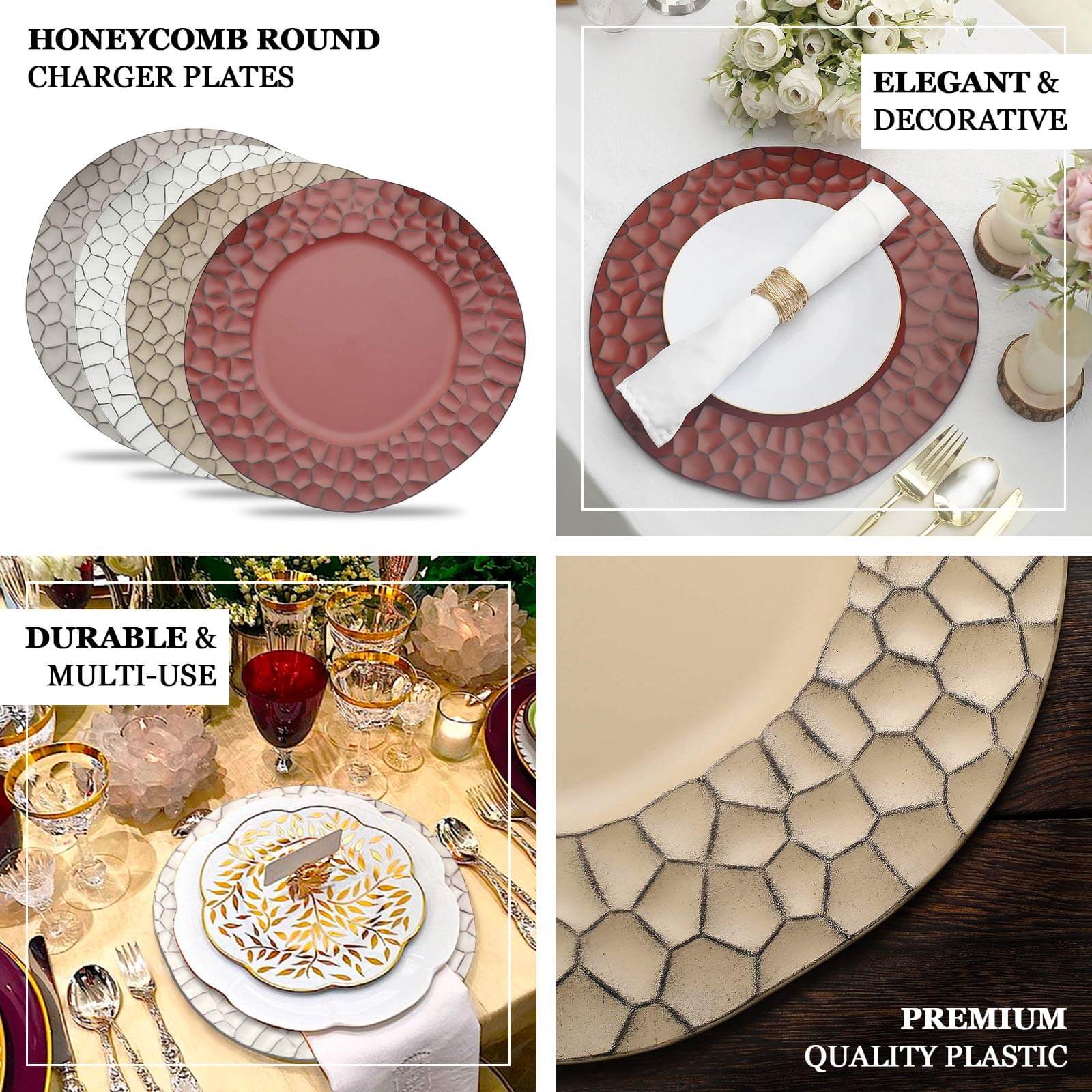 6-Pack Round Charger Plates 13 in Burgundy with Hammered Rim, Matte Finish Modern Dinner Charger Tableware