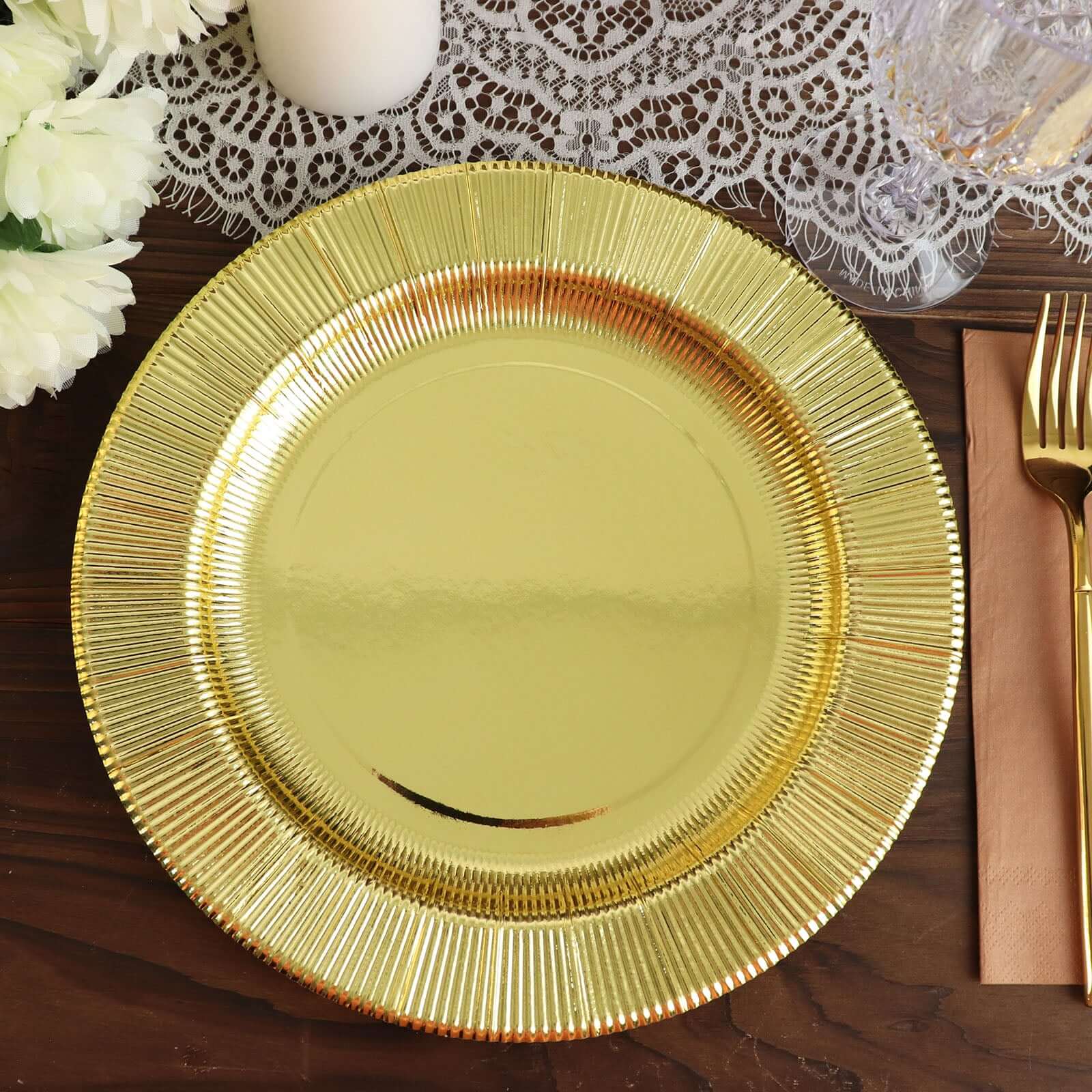 25-Pack Paper 10 Round Dinner Plates in Metallic Gold Sunray Design - Disposable Heavy Duty 350GSM Party Plates