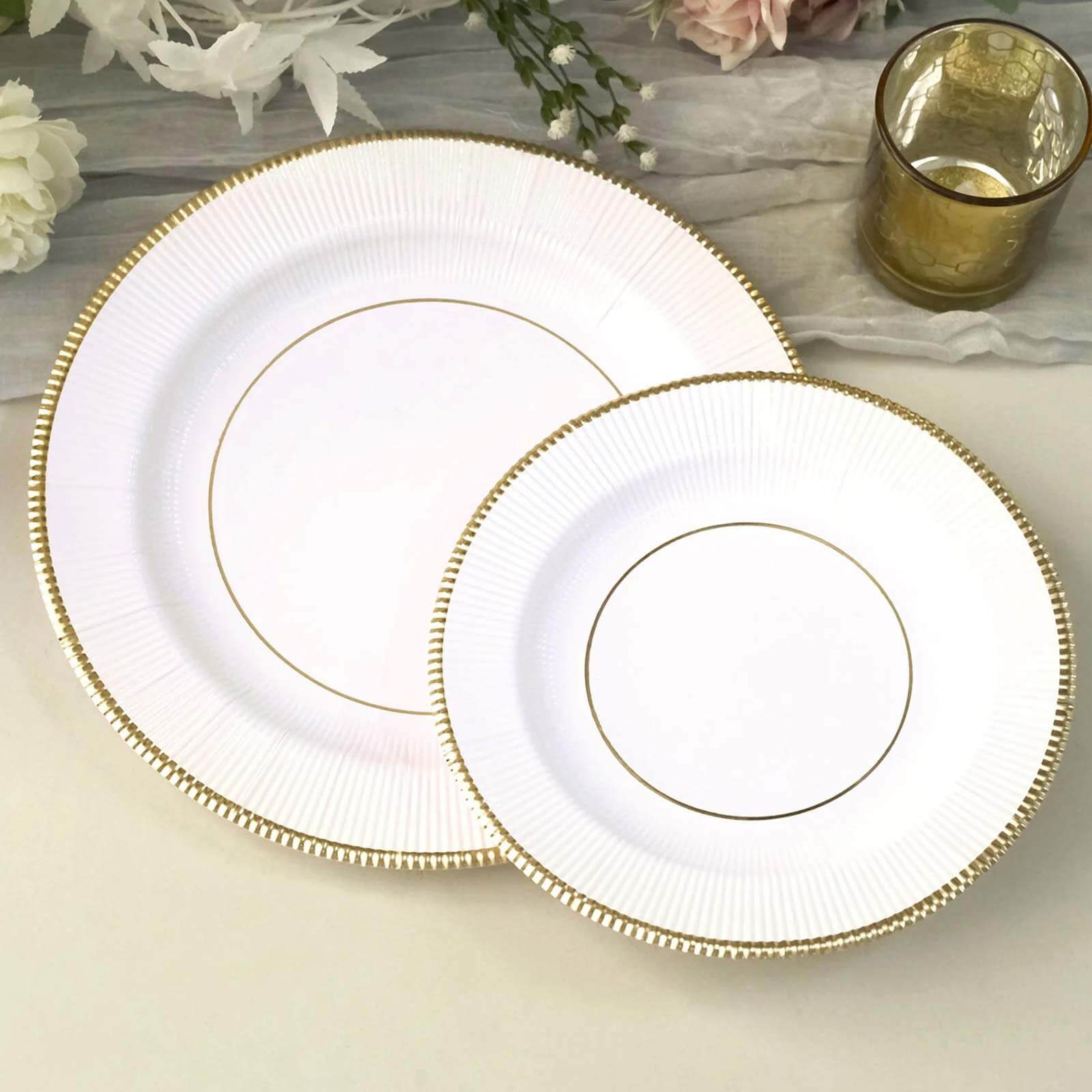 25-Pack Paper 8 Round Dessert Plates in White Sunray Design with Gold Rim - Disposable Heavy Duty 350GSM Appetizer Salad Plates for Banquets & Celebrations