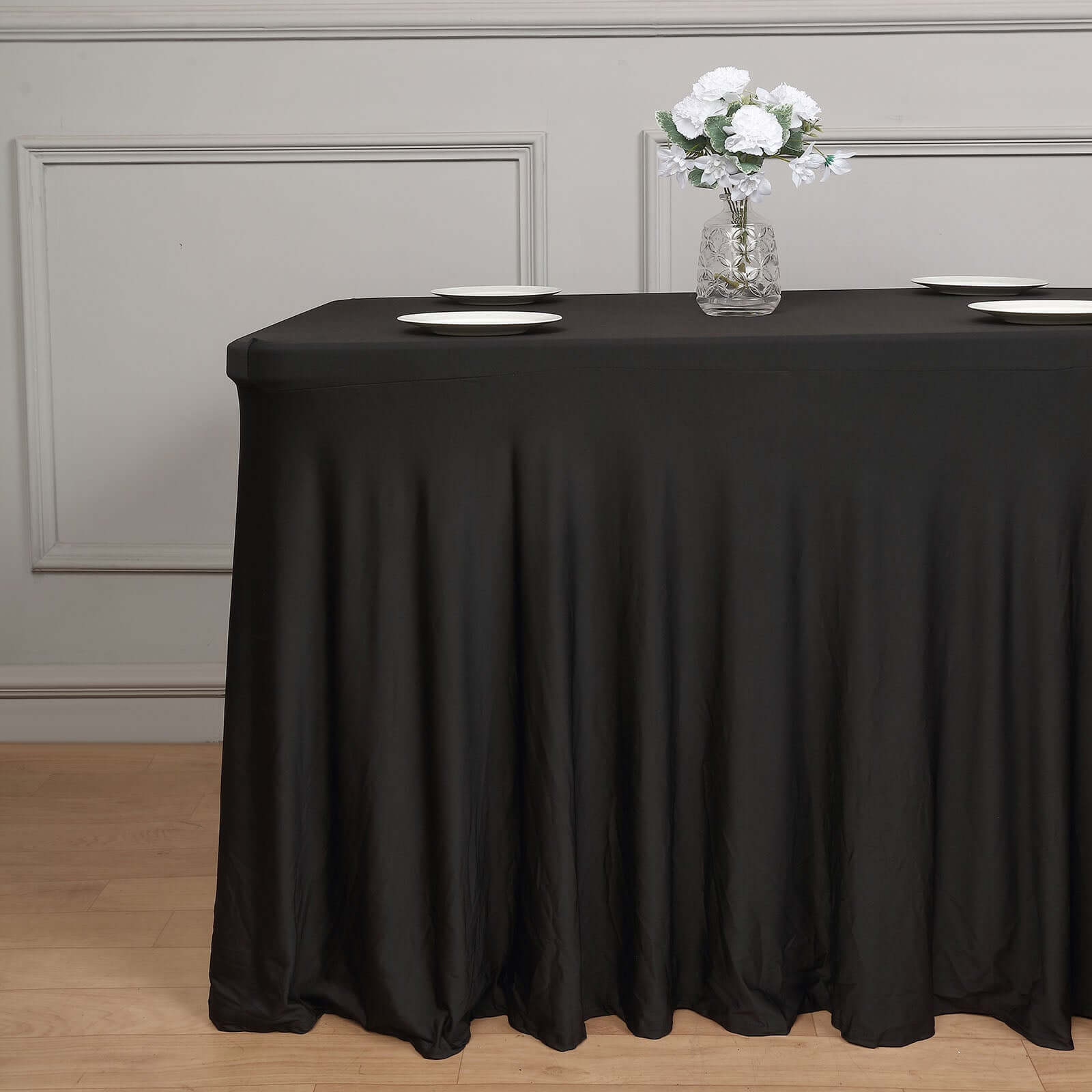 Spandex Rectangle 72x30 Table Skirt Black with Wavy Skirt-Like Effect Table Cover