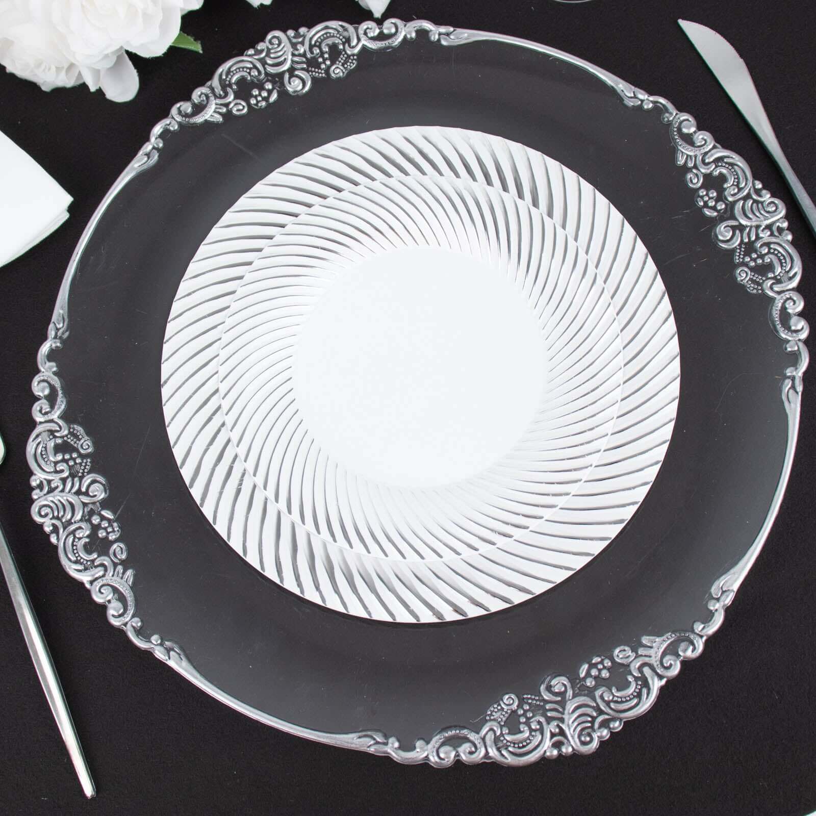 10-Pack Plastic 7 Round Dessert Plates in White with Silver Swirl Rim - Disposable Salad Plates