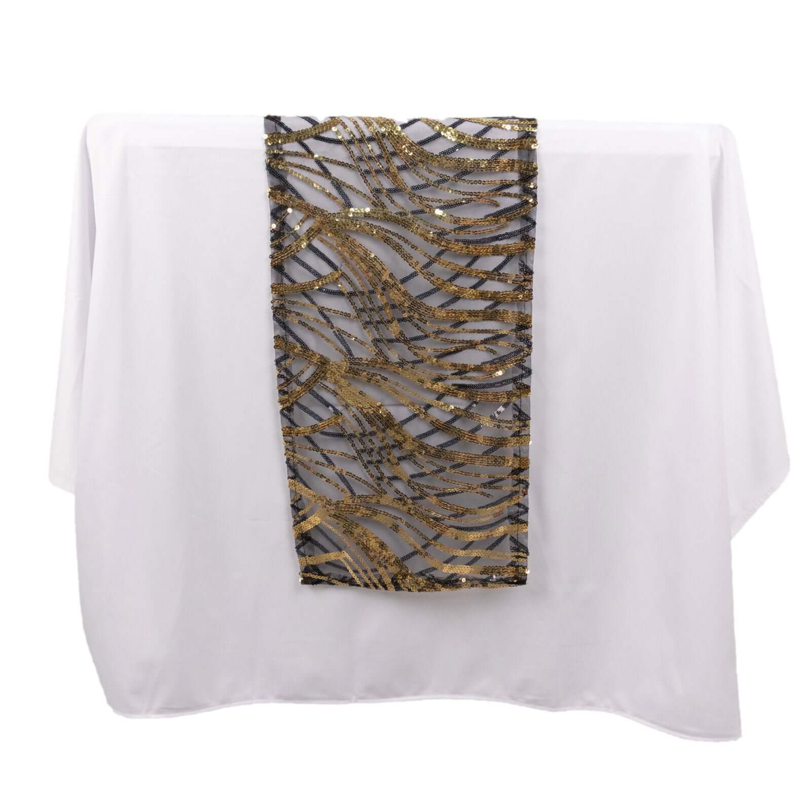 Sequin Mesh 12x108 Table Runner Black Gold Stylish Wave Embroidery