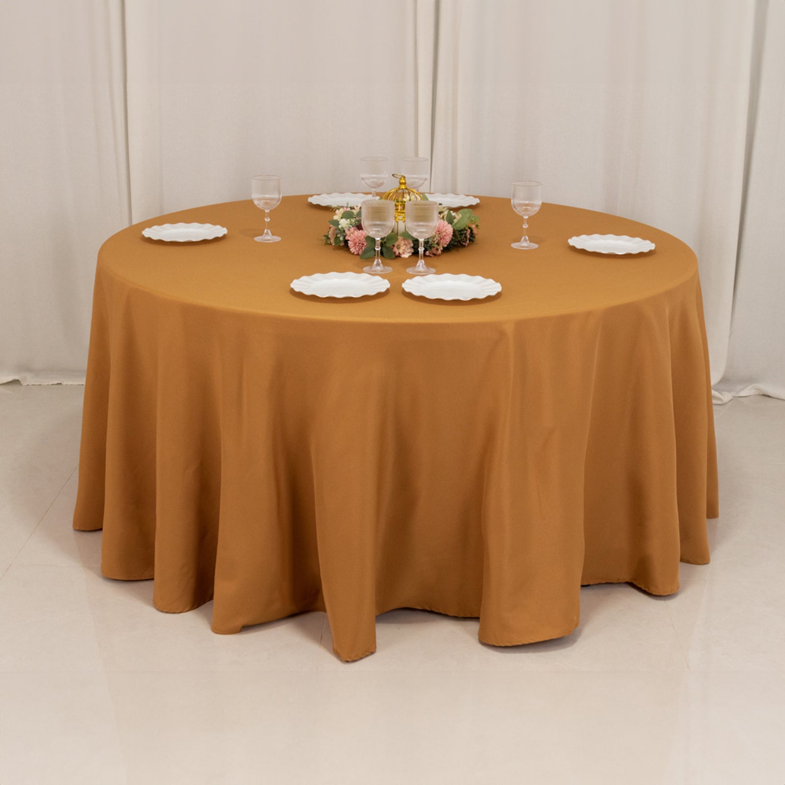 Premium Polyester 120 Round Tablecloth Gold - Seamless 220GSM Wrinkle-Resistant Design for Classy Events