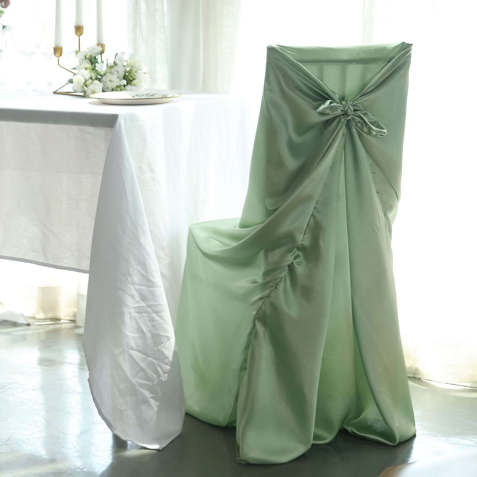 Satin Chair Cover Self-Tie Universal Design Sage Green - Durable Slip-On Cover for Folding, Dining, Banquet & Standard Chairs