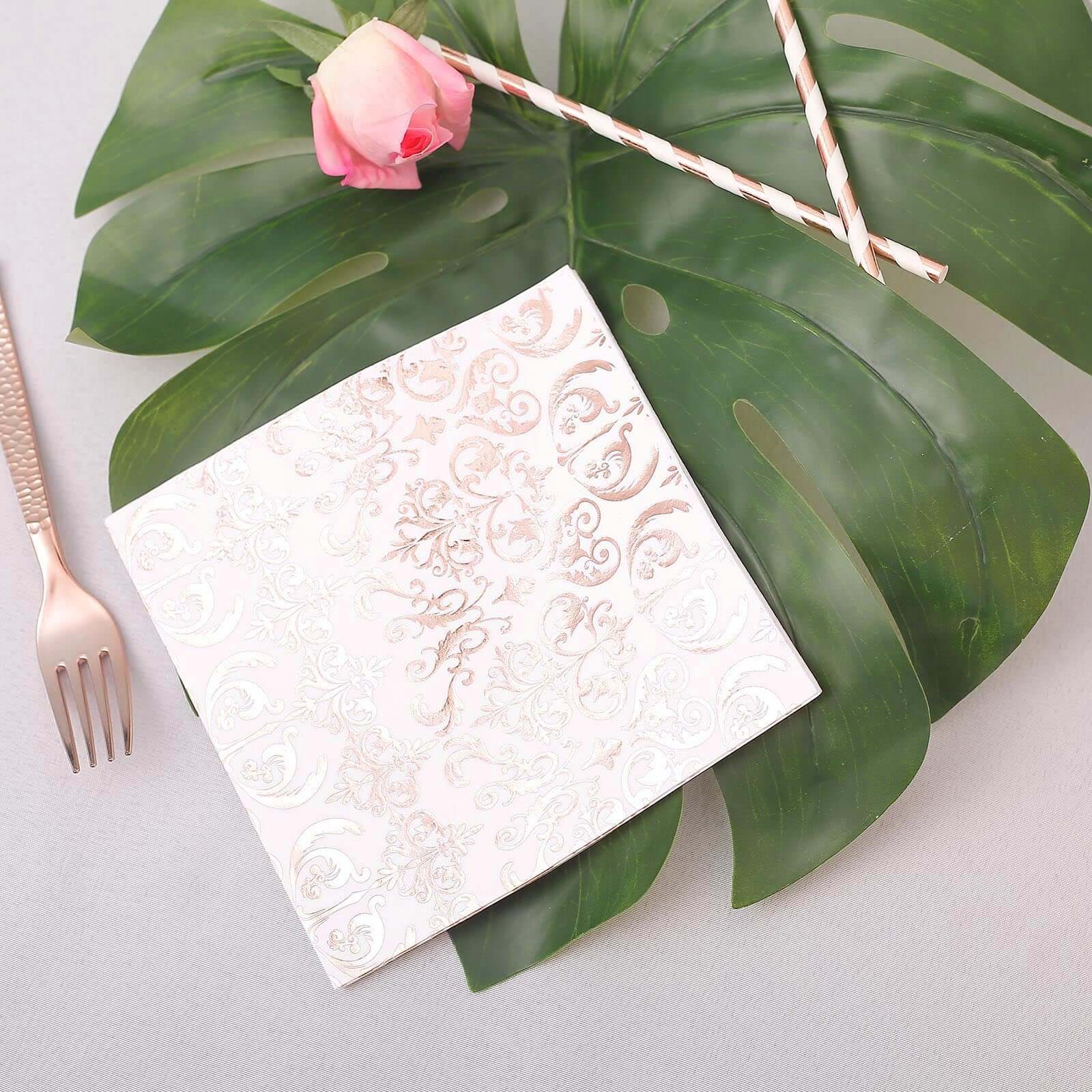 20-Pack Paper Dinner Napkins with Vintage Print Metallic Rose Gold - Disposable 3 Ply Cocktail Napkins for Weddings