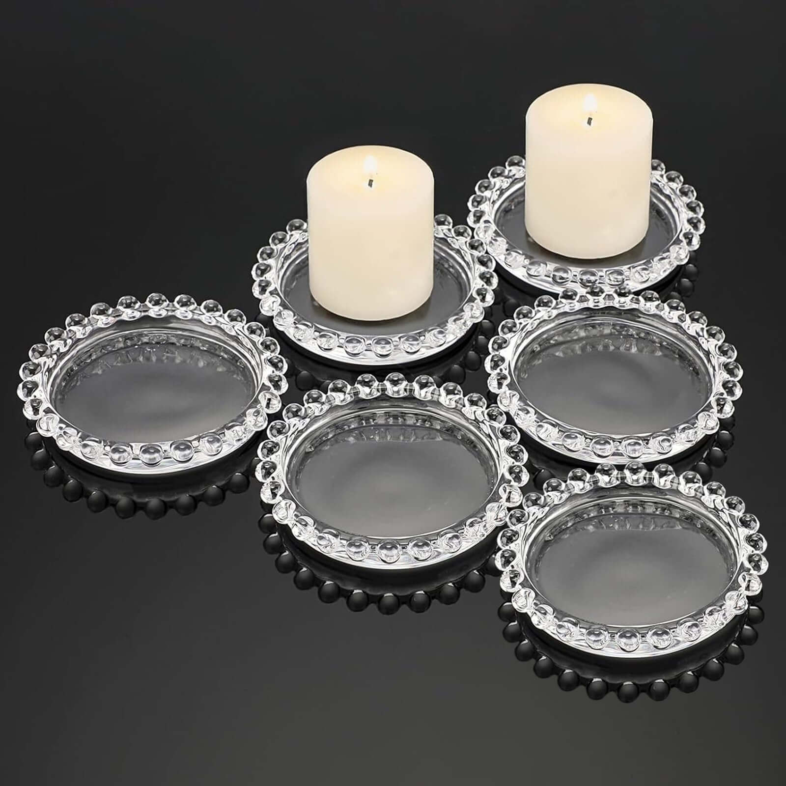 6-Pack Glass Pillar Candle Holder Plates Clear with Beaded Rims - Transparent Small Round Coaster Trays 4