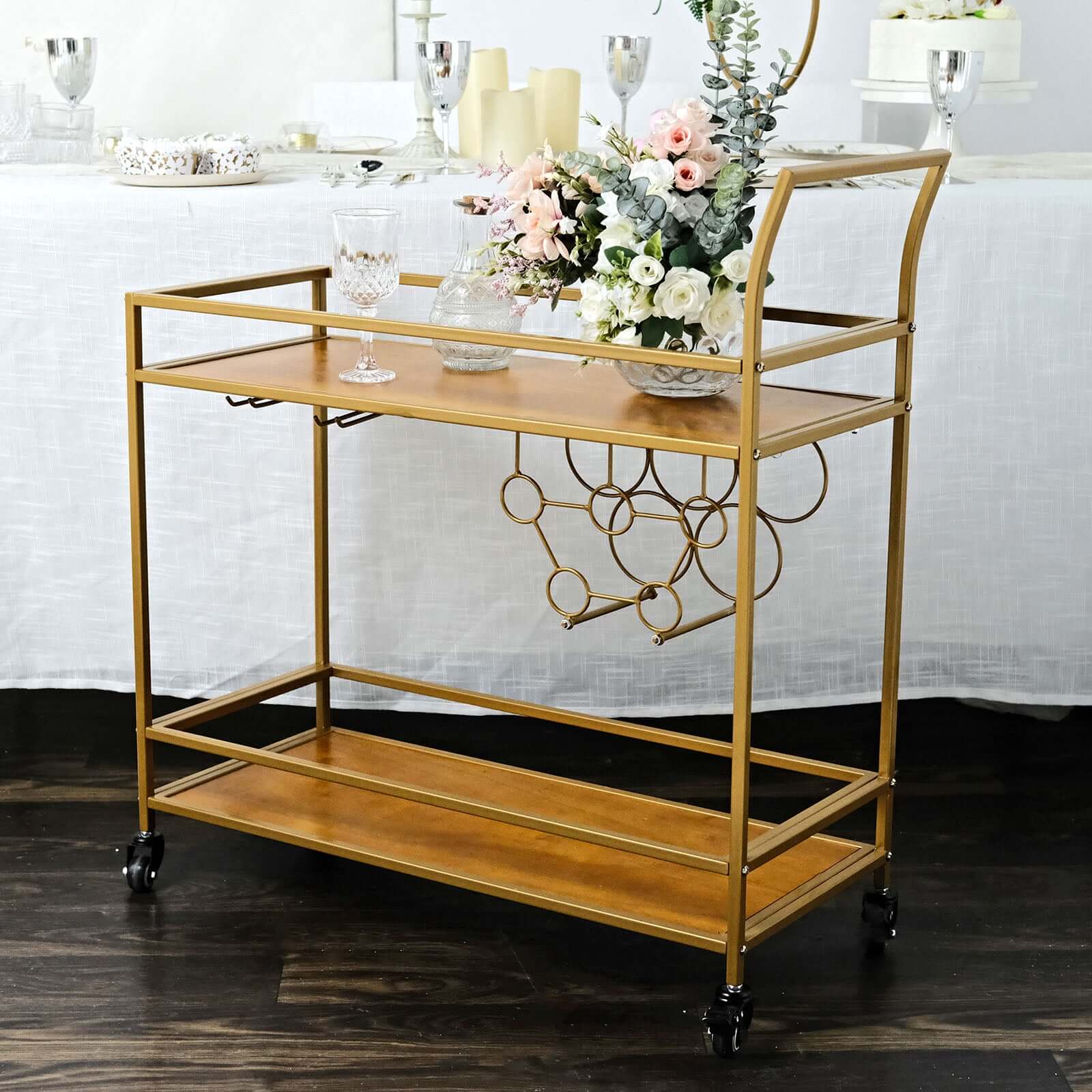 Gold Metal Bar Cart with Wooden Serving Trays 2-Tier - Wine Rack Holds 5 Bottles and 2 Glasses for Events 3ft