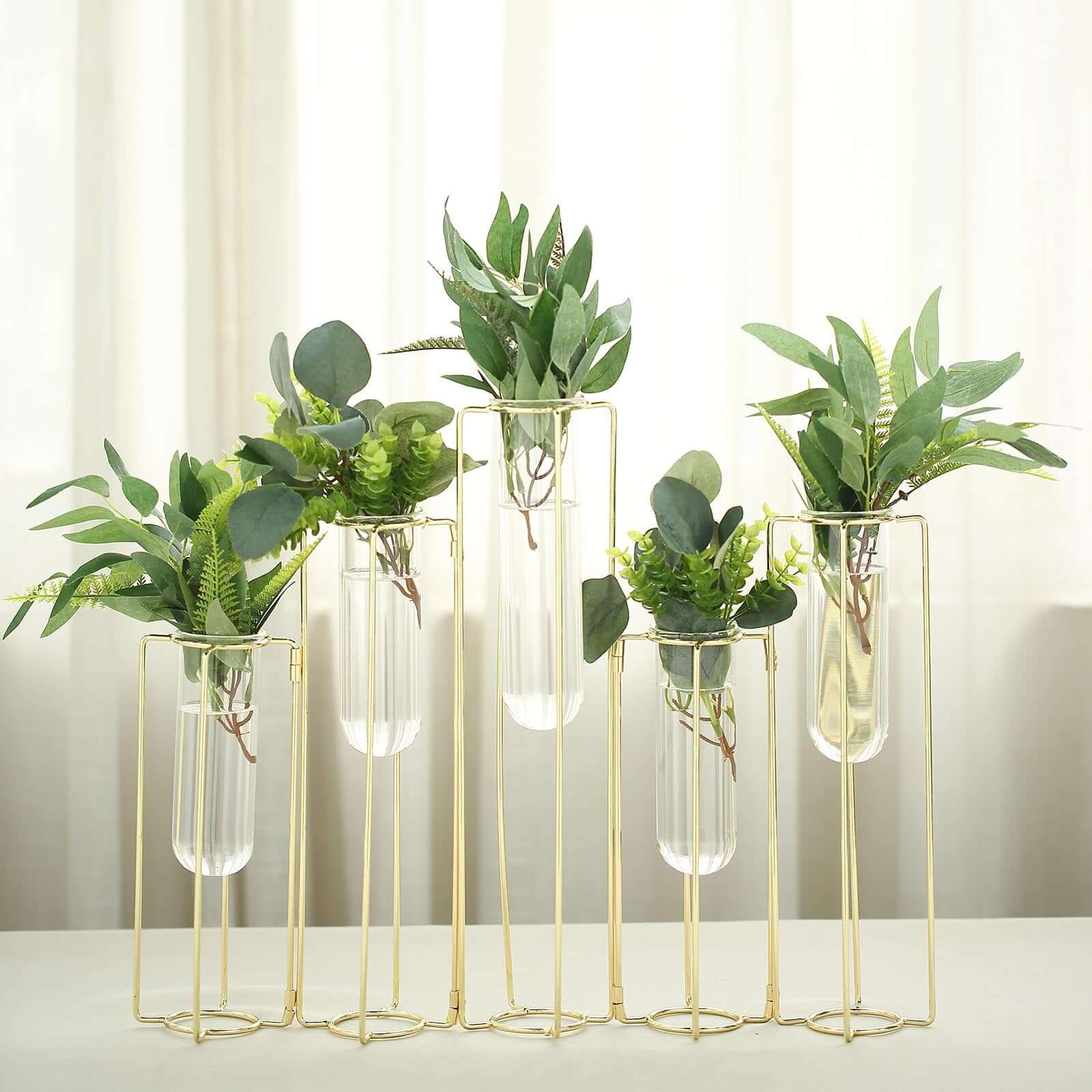 Set of 5 Wedding Centerpieces Gold Frame Conjoined Geometric Design - Test Tube Hydroponic Vases 12