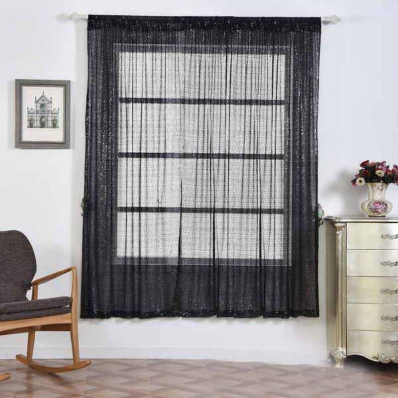 2 Pack Black Sequin Curtains With Rod Pocket Window Treatment Panels - 52x84”