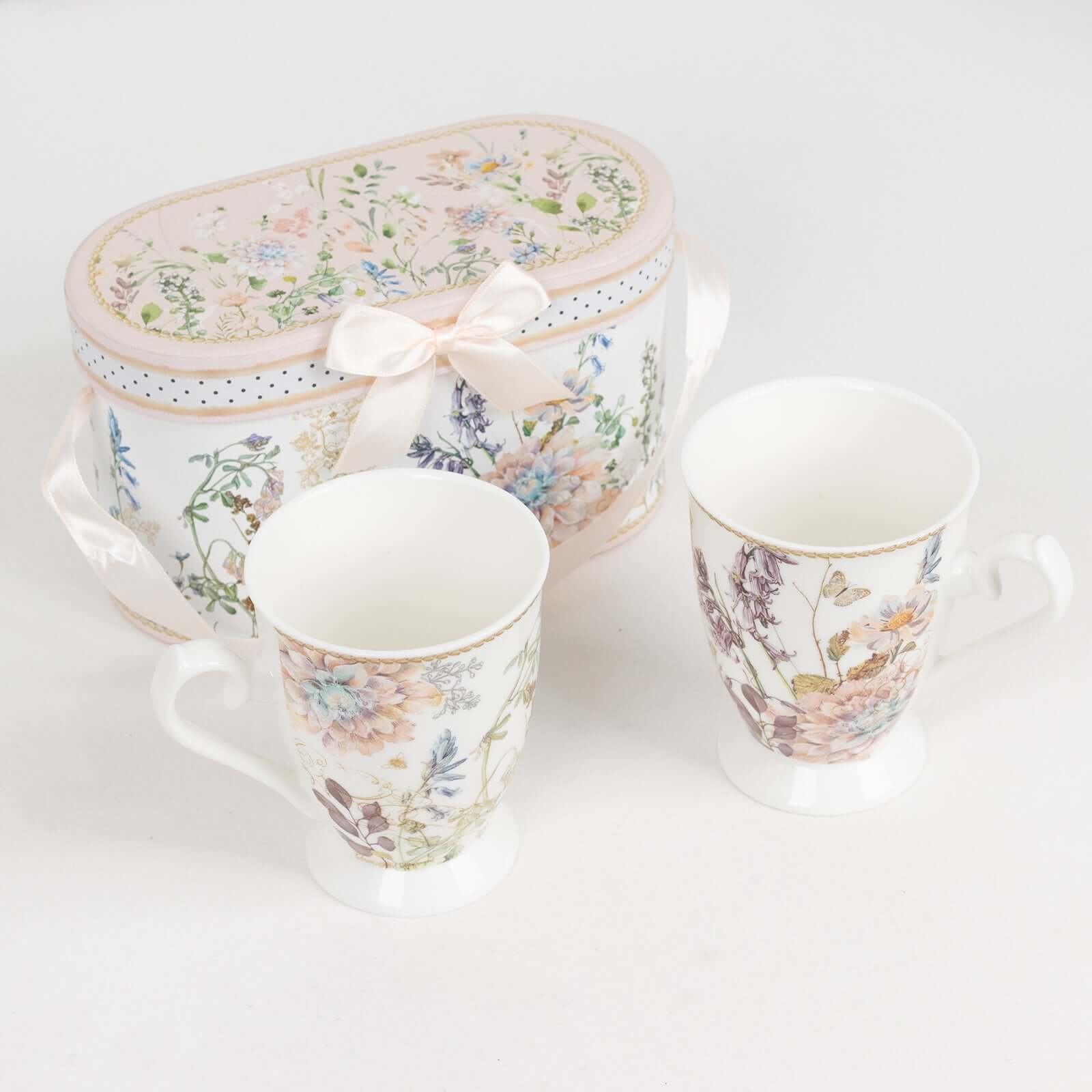 Blush Floral Design Bridal Shower Gift Set, 2 Pack Porcelain Tea Cups With Matching Keepsake Gift Box and Satin Ribbon Handle