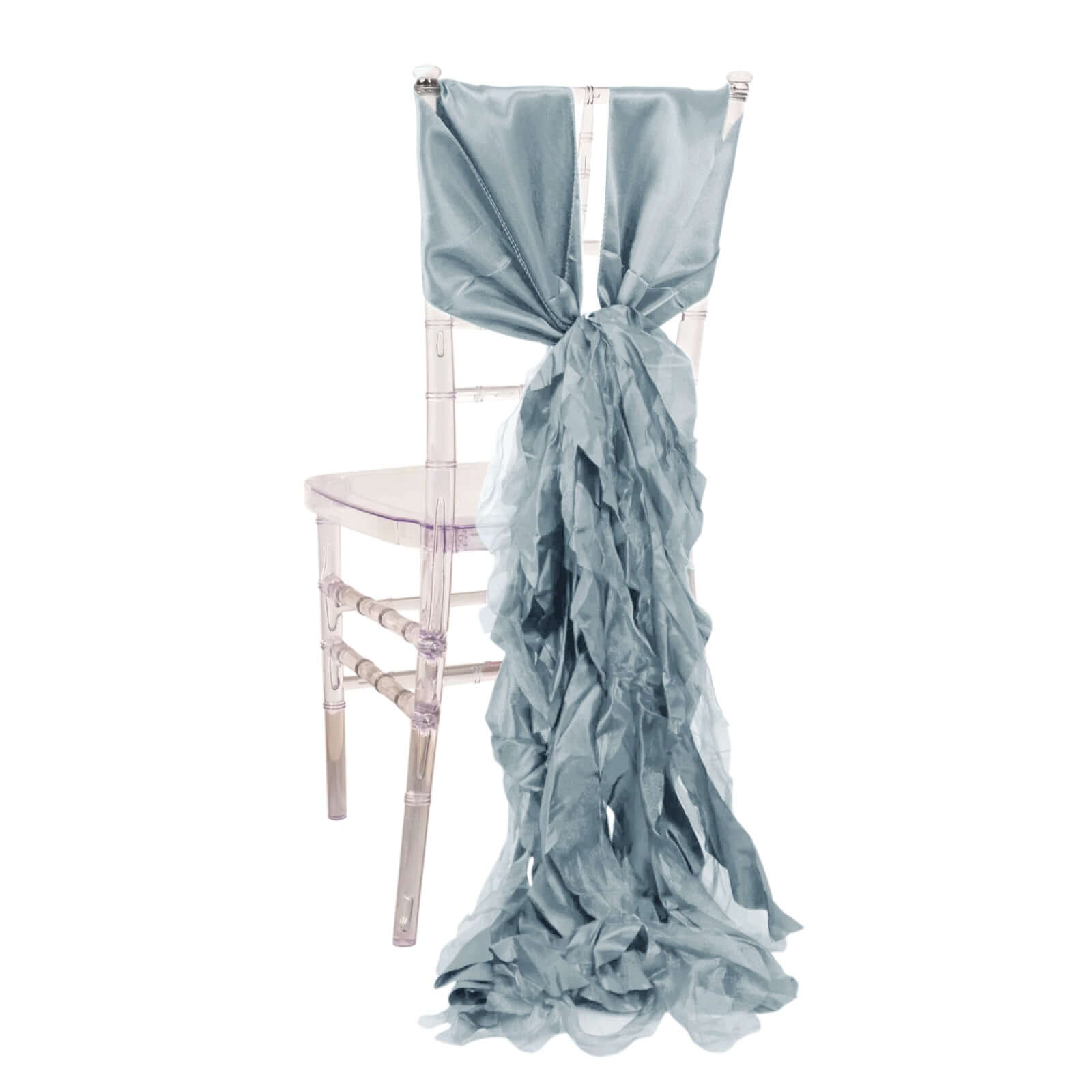 5 Pack Chiffon Satin Chair Sashes Dusty Blue - Easy to Install Ruffled Curly Willow