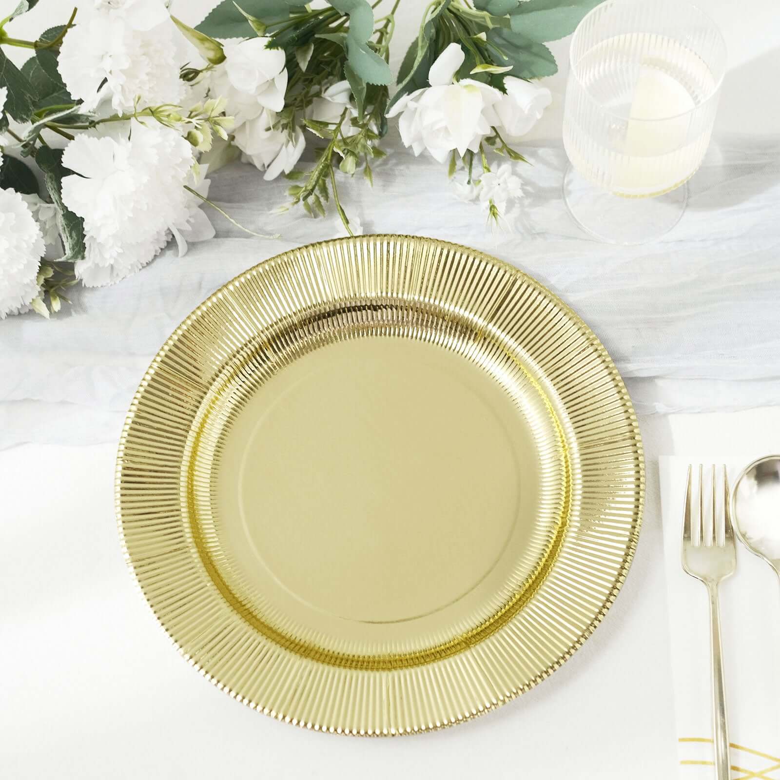 25-Pack Paper 8 Round Dessert Plates in Metallic Gold Sunray Design - Disposable Heavy Duty 350GSM Appetizer Salad Plates