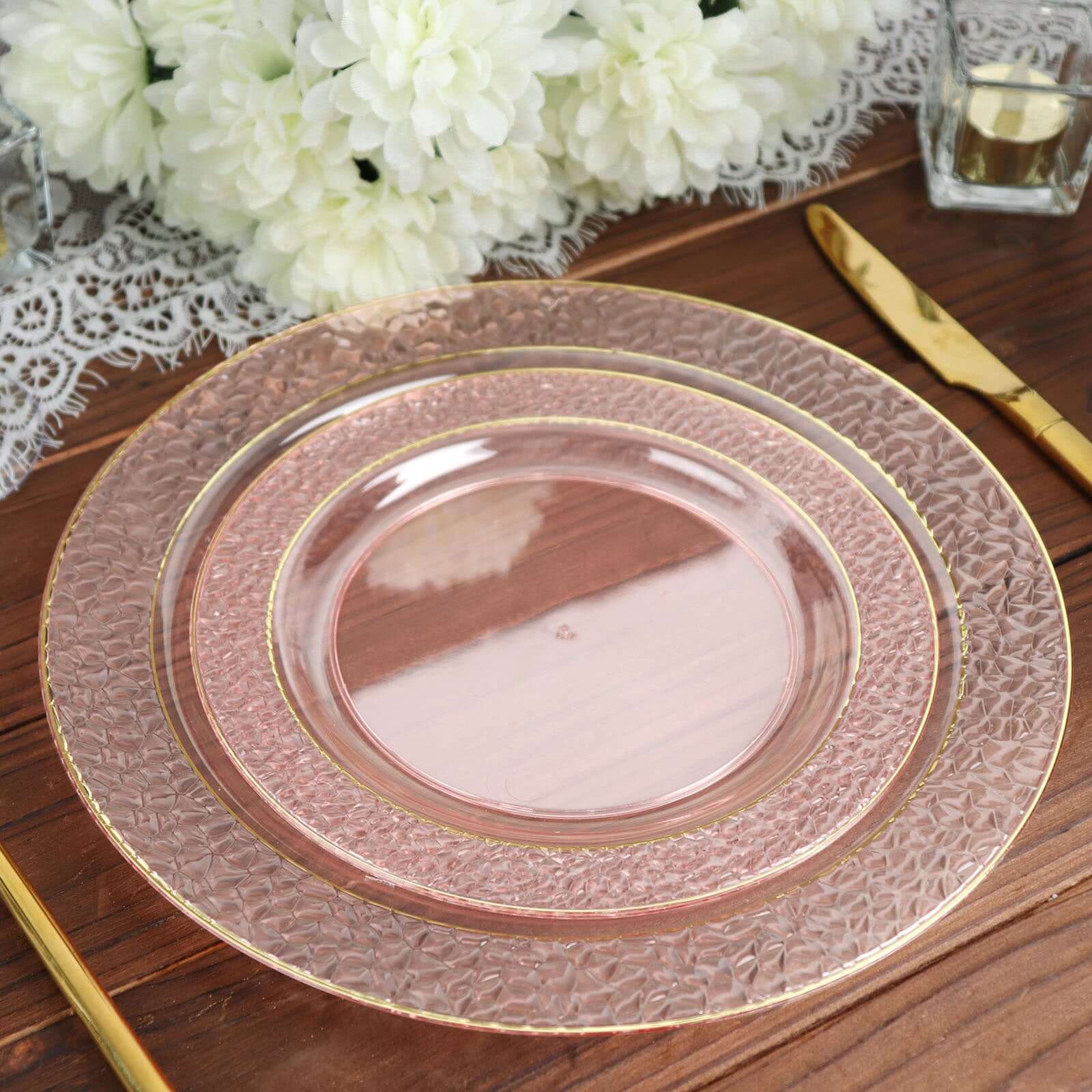 10-Pack Plastic 7.5 Round Appetizer Plates in Blush Hammered Design with Gold Rim - Disposable Salad Plates for Chic Banquets & Special Occasions