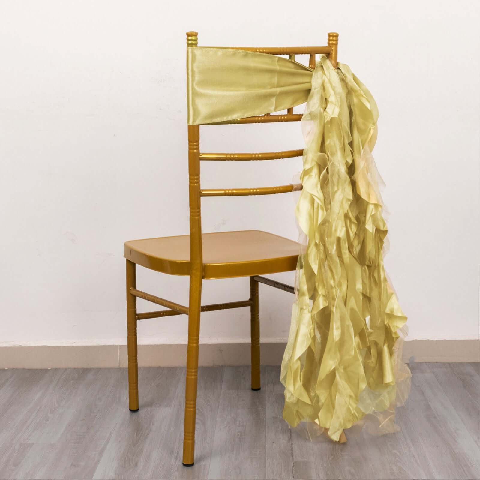 5 Pack Chiffon Satin Chair Sashes Champagne - Easy to Install Ruffled Curly Willow