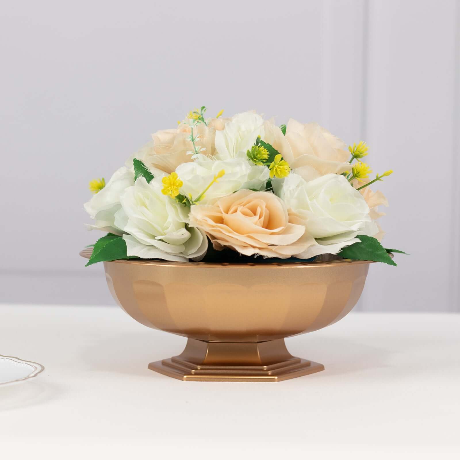 3-Pack Plastic Footed Compote Bowl Flower Vases Roman Style Gold - Round Decorative Pedestal Table Centerpieces 10
