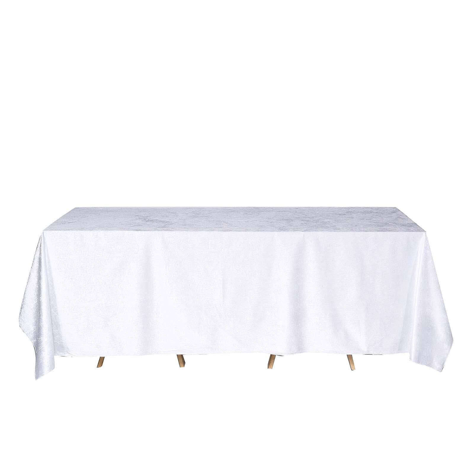 90x132 White Seamless Premium Velvet Rectangle Tablecloth, Reusable Linen for 6 Foot Table With Floor-Length Drop