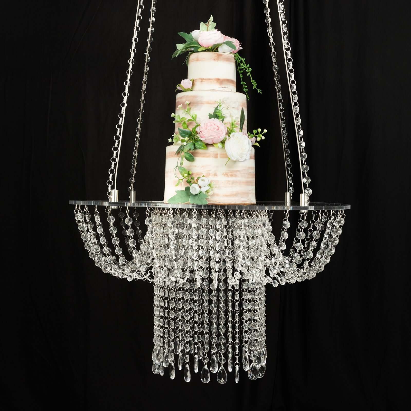 Acrylic Hanging Chandelier Cake Stand with Crystal Drapes - Suspended Round Wedding Cake Swing with 5ft Steel Wire Chains 25