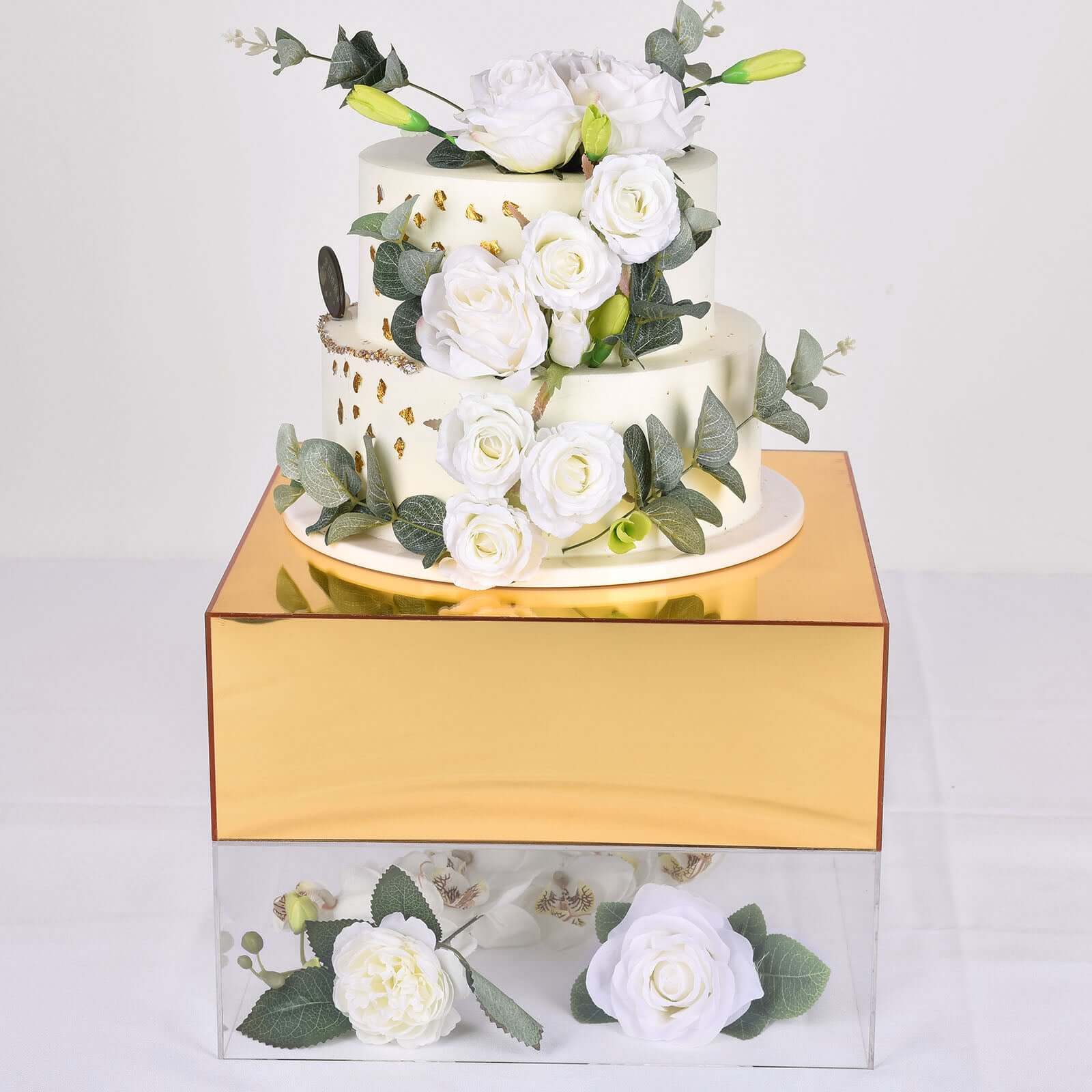 Acrylic Cake Box Stand Pedestal Riser Mirror Finish Gold - Display for Desserts and Events 14x14