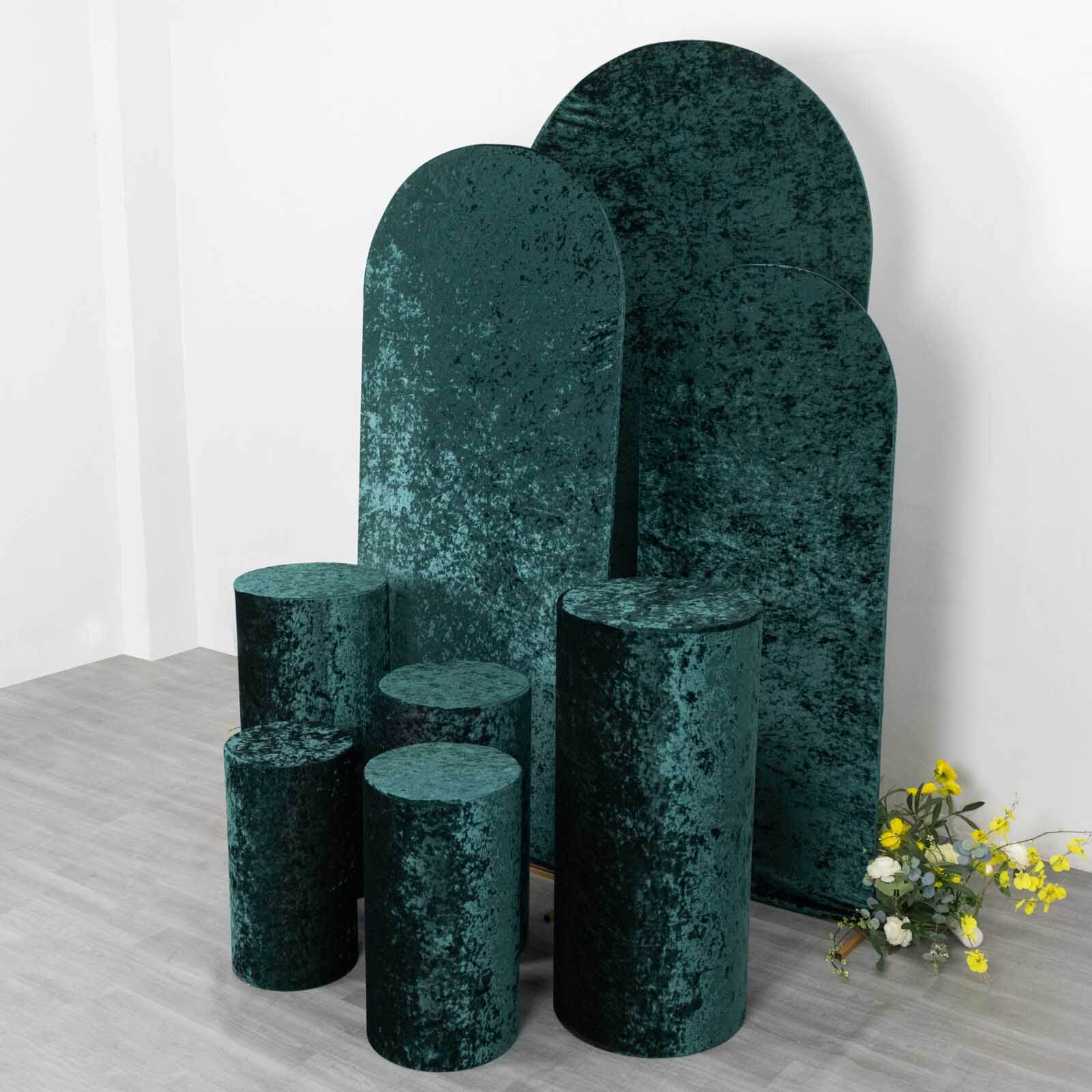 Set of 5 Hunter Emerald Green Crushed Velvet Cylinder Pedestal Stand Covers, Premium Pillar Prop Covers